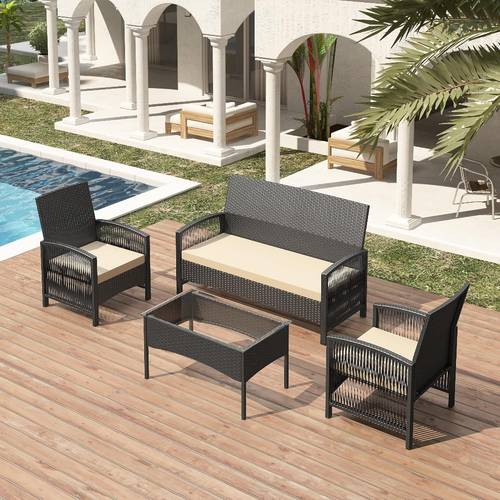 4lü rattan bahçe mobilya seti, 2 koltuklu, 1 i̇ki kişilik kanepe ve 1 sehpa ile veranda rattan kanepe sofrası
