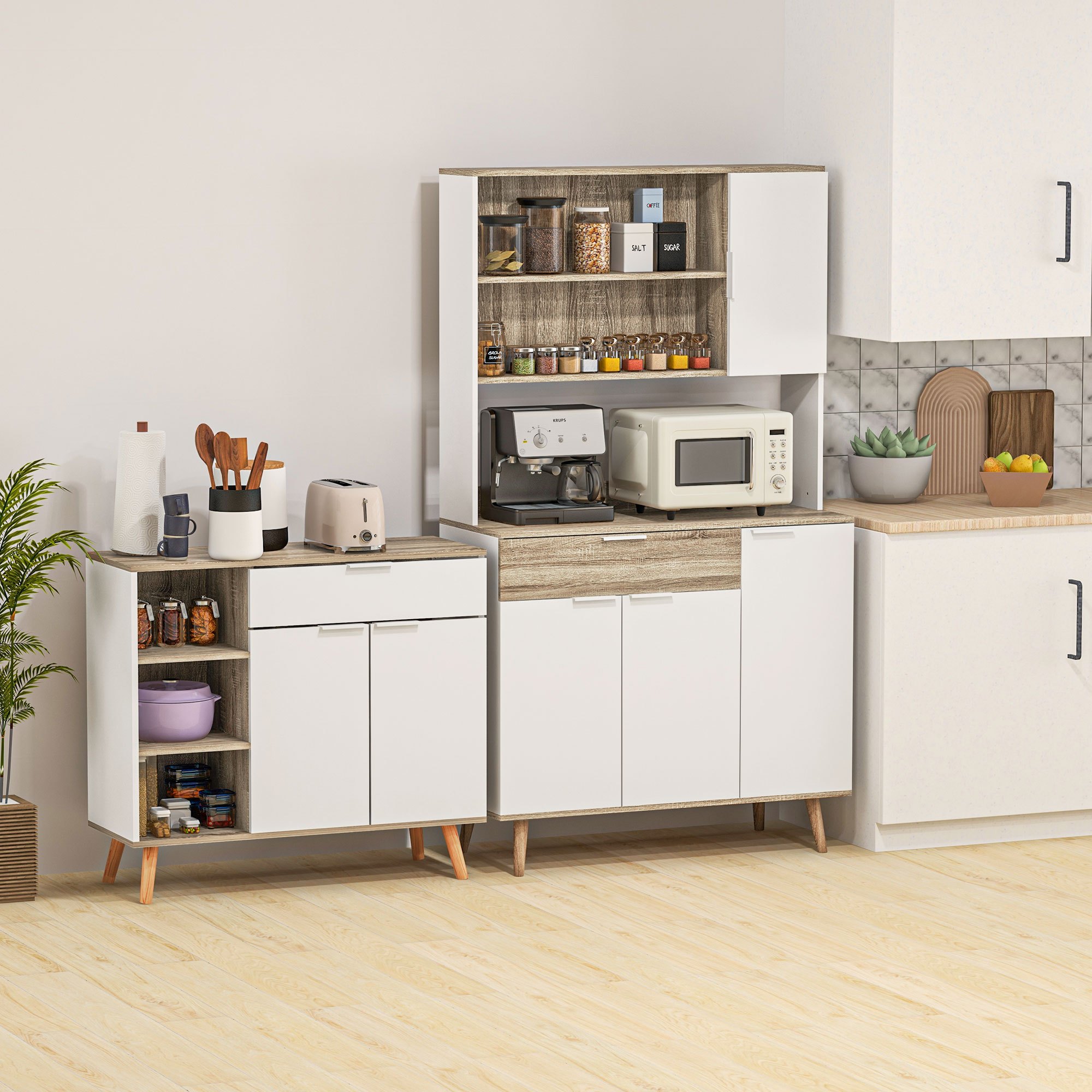 Image of Homcom Tall Credenza For Modern Kitchen With Adjustable Shelves, Pantry Cabinet With Cabinets And Drawer For Kitchen, Living Room, Living Area, 98x39x180cm, White And Wood