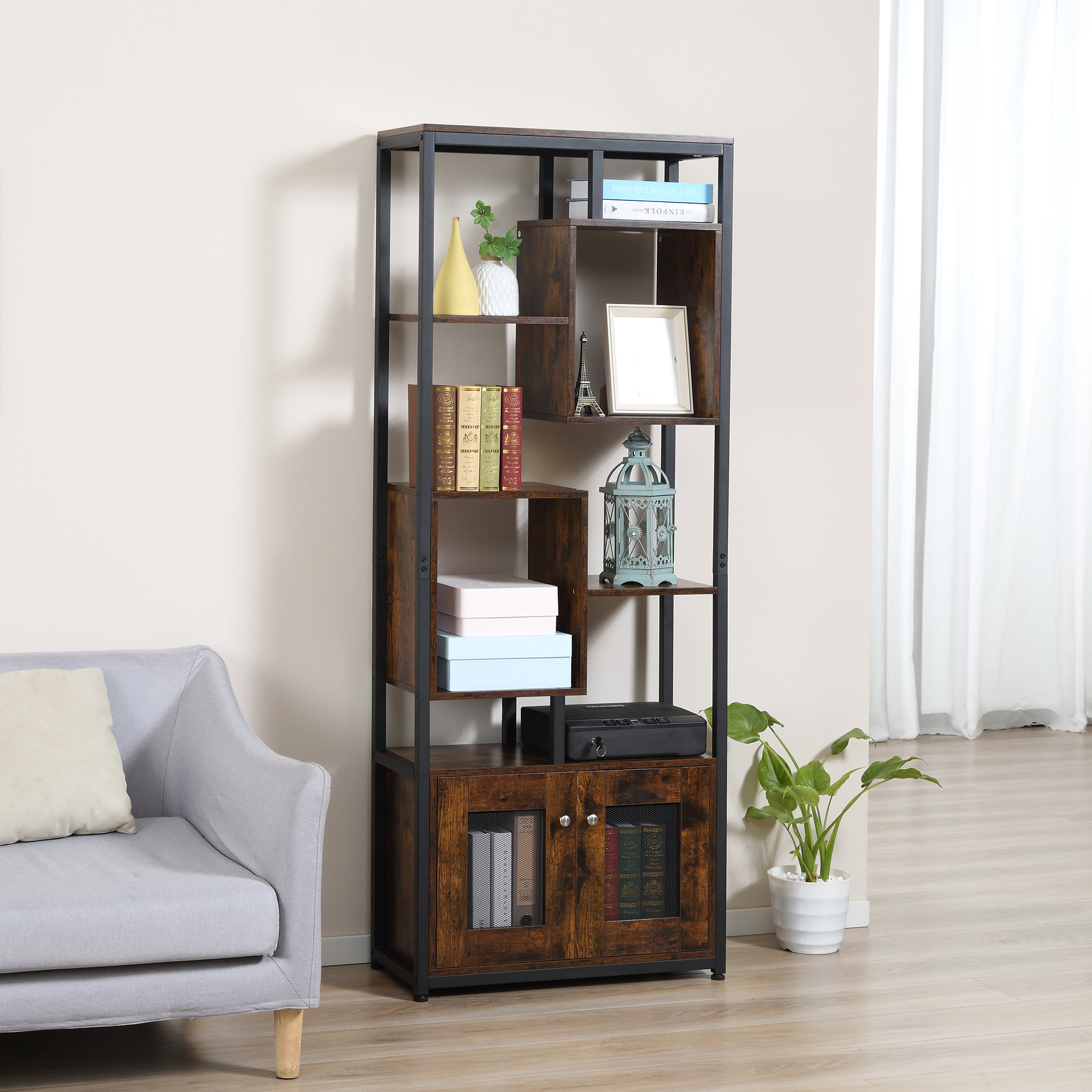 Homcom Mobile Industrial Style Bookcase With 2-door Cabinet, Space- 8-shelf Shelving Unit For Home And Office, 70x30x180cm, Brown
