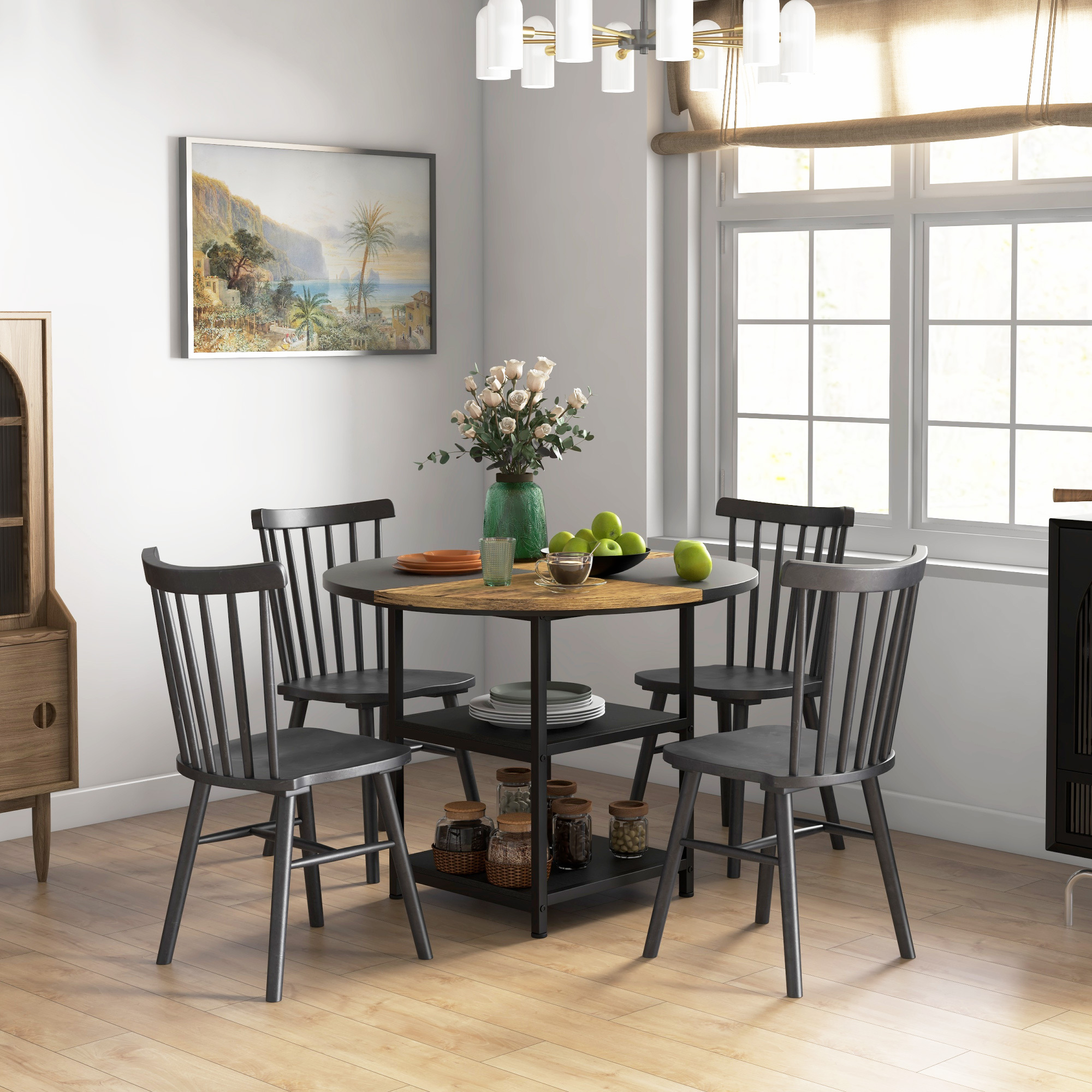 Image of Homcom Dining Table For 4-6 People With 2 Integrated Shelves, Round Table In Industrial Style In Steel And Mdf, 100x76 Cm