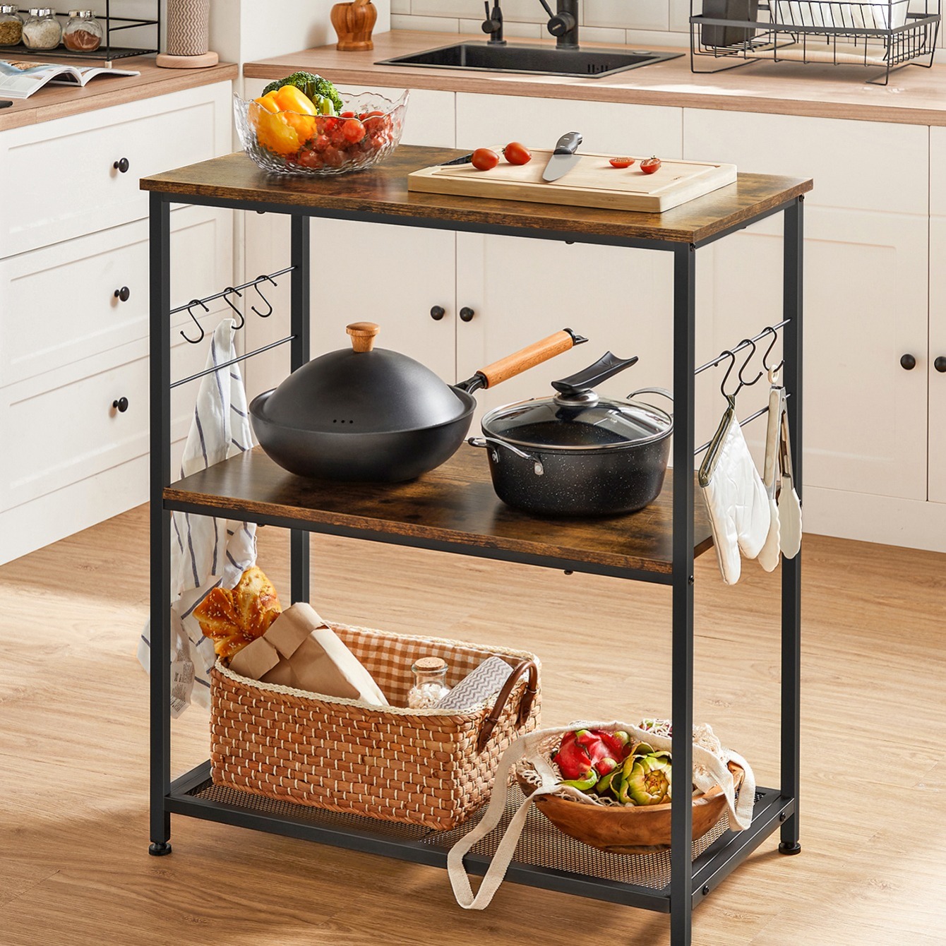 TEMU VASAGLE Estante Kitchen Island, Estante Baker, Soporte para microondas, con de Metal, 3 estantes Abiertos, 6 Ganchos, 80 x 40 x 90 cm,