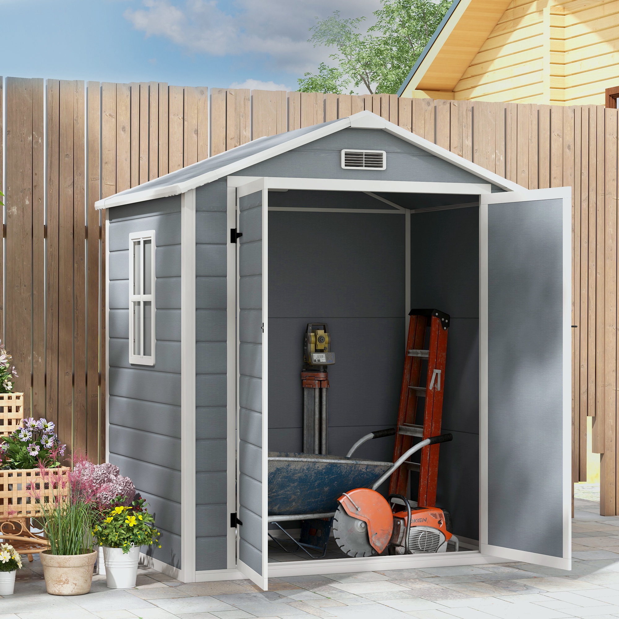 TEMU 6 X 4.5ft Plastic Garden Shed, Lockable Tool Storage House With Window, Vent And Plastic Roof, Grey (not For Permanent Purposes, Removable)