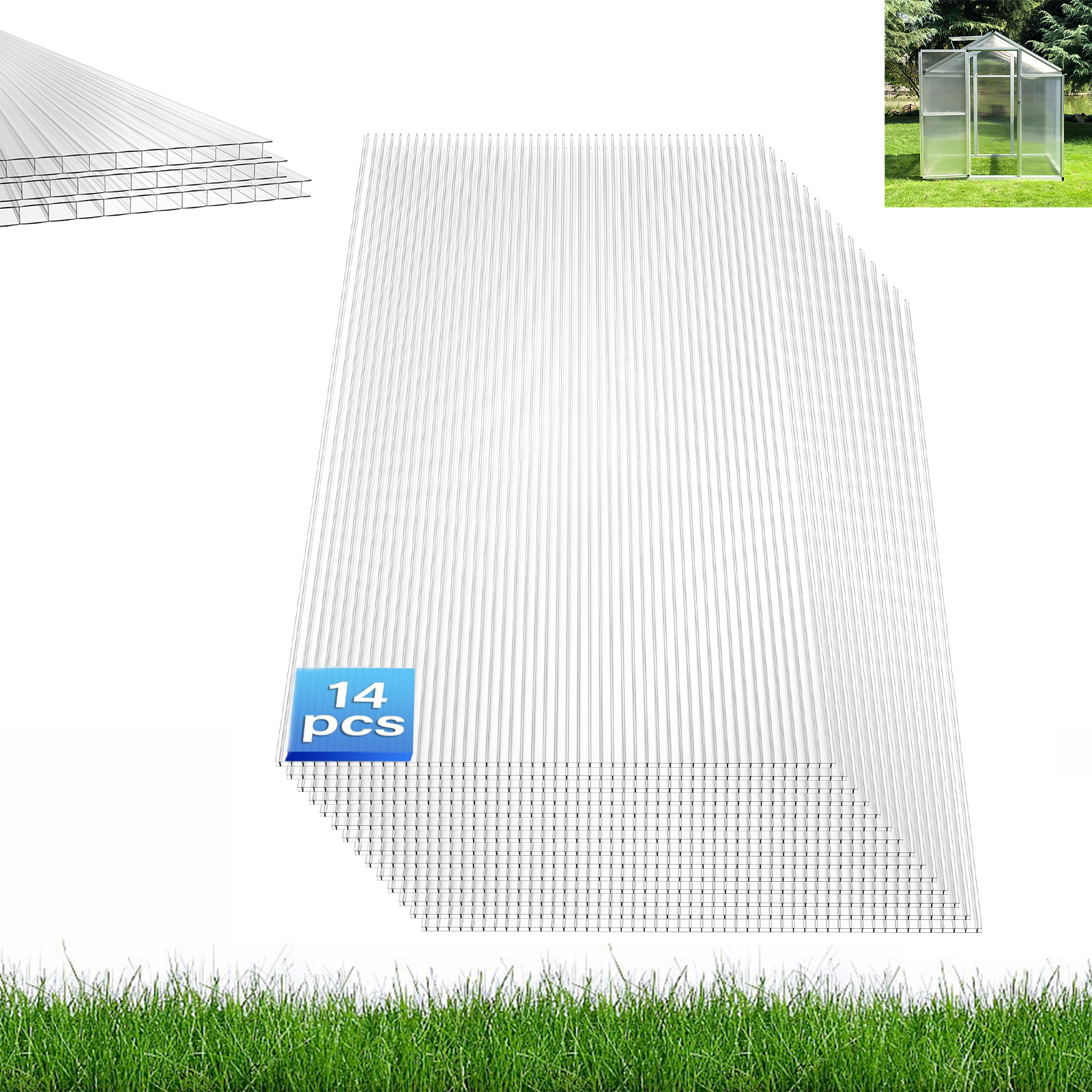 

14x Polycarbonate Sheet Double- Sheets Transparent 4 Mm Pc Hollow Chamber Sheets Weatherproof And Uv-resistant For Greenhouse, Garden Greenhouse, 10.25 M