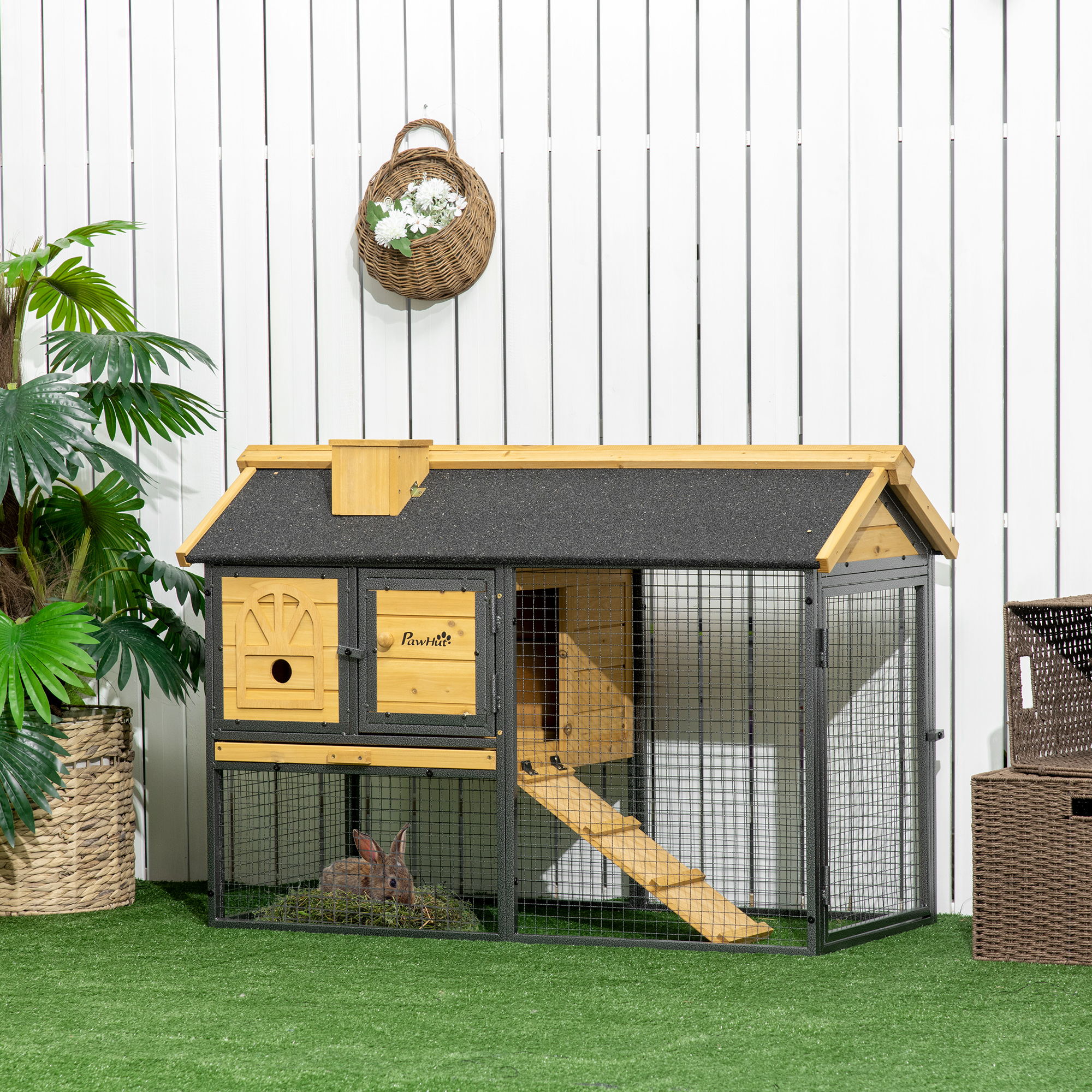 Image of Pawhut 2 Tiers Rabbit Hutch And Run, Guinea Pig Hutch Outdoor With Sliding Tray, Ramp, For 1-2 Rabbits