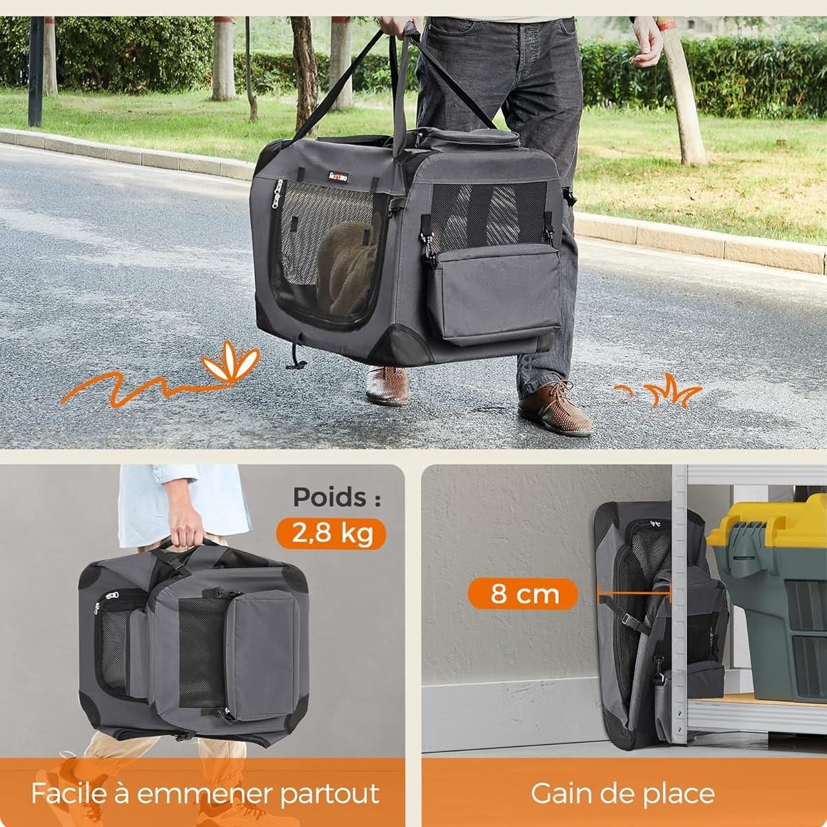 

Sac Transport Chat Chien, Caisse Pliable Animaux de Companie, Taille M, Tissu Oxford, Filet, Respirant, Portable, Cadre en Métal, avec Poignées et Pochettes