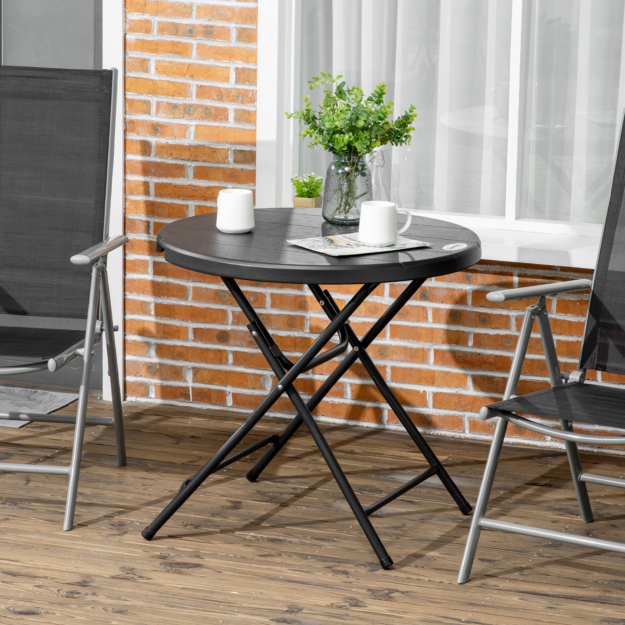 Garden Table, Round Folding Table, 80 Cm Side Table For , Camping Table Garden Dining Table With Wood Look, For Balcony, Terrace, Hdpe, Dark Gray, Picnic Table