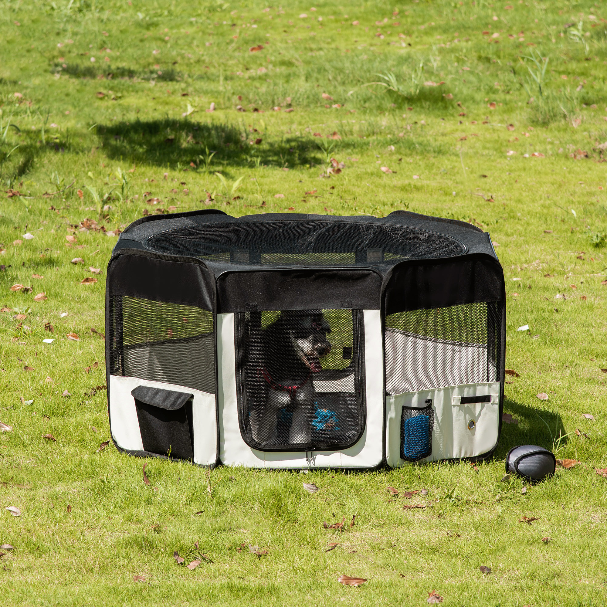 Image of Foldable Puppy Playpen With Mesh Cover, For Dogs, Cats, Small Animals, Breathable Mesh Pet Enclosure, For Apartments, Ø120 X 58h Cm, Black + Cream White