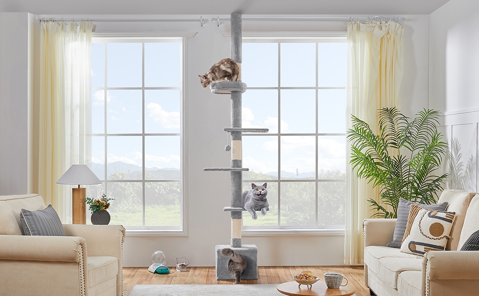Yaheetech 226-266cm Cat Tree Floor-to-Ceiling Cat Tree Tower, Tall Cat Tree with 4 Perches and Scratching Posts For Small Medium-Sized Cats