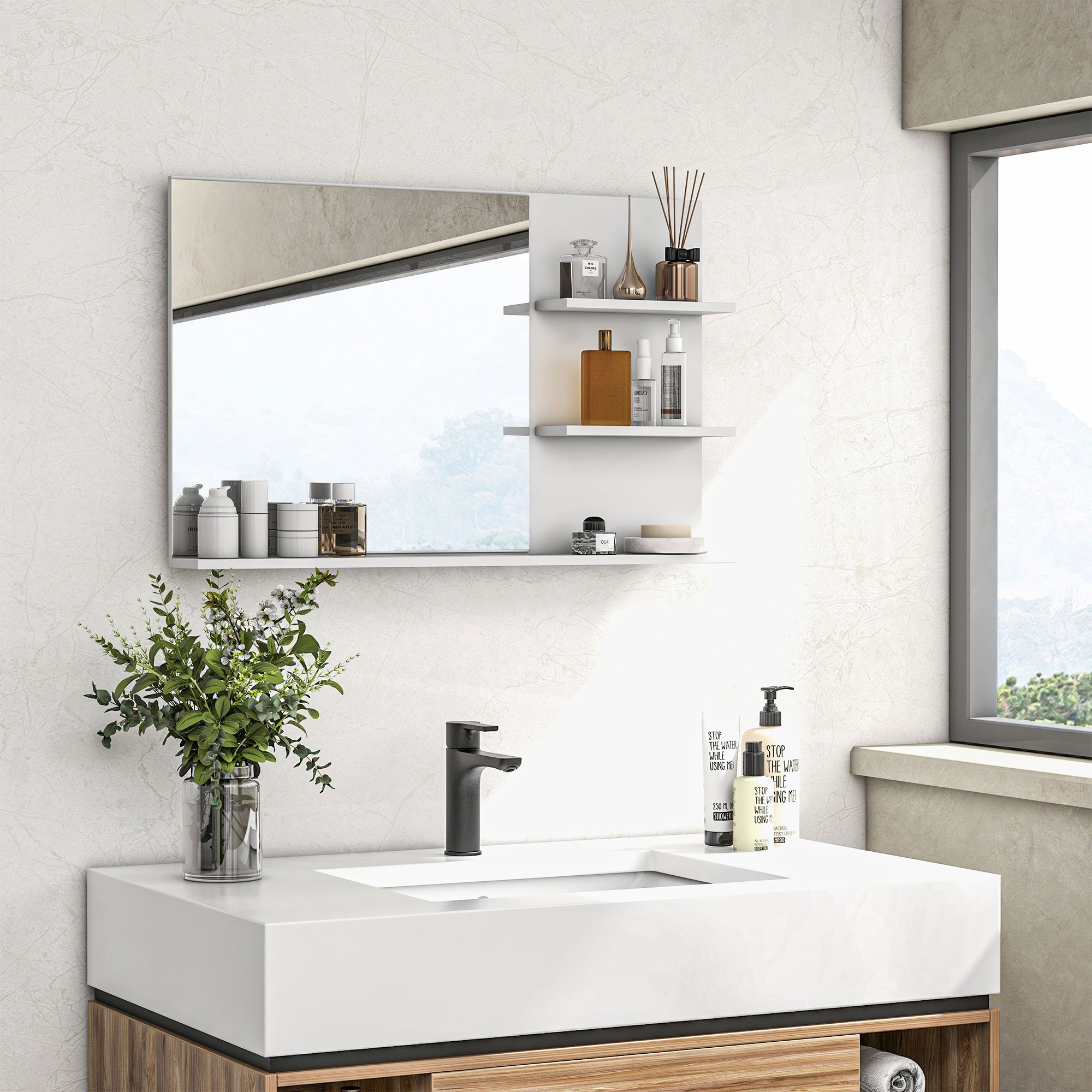 Kleankin Bathroom Mirror With 2 Side Shelves And Lower Shelf, Modern Mirror With Wall Mounting, In Mdf And Glass, 75x10x48 Cm, White