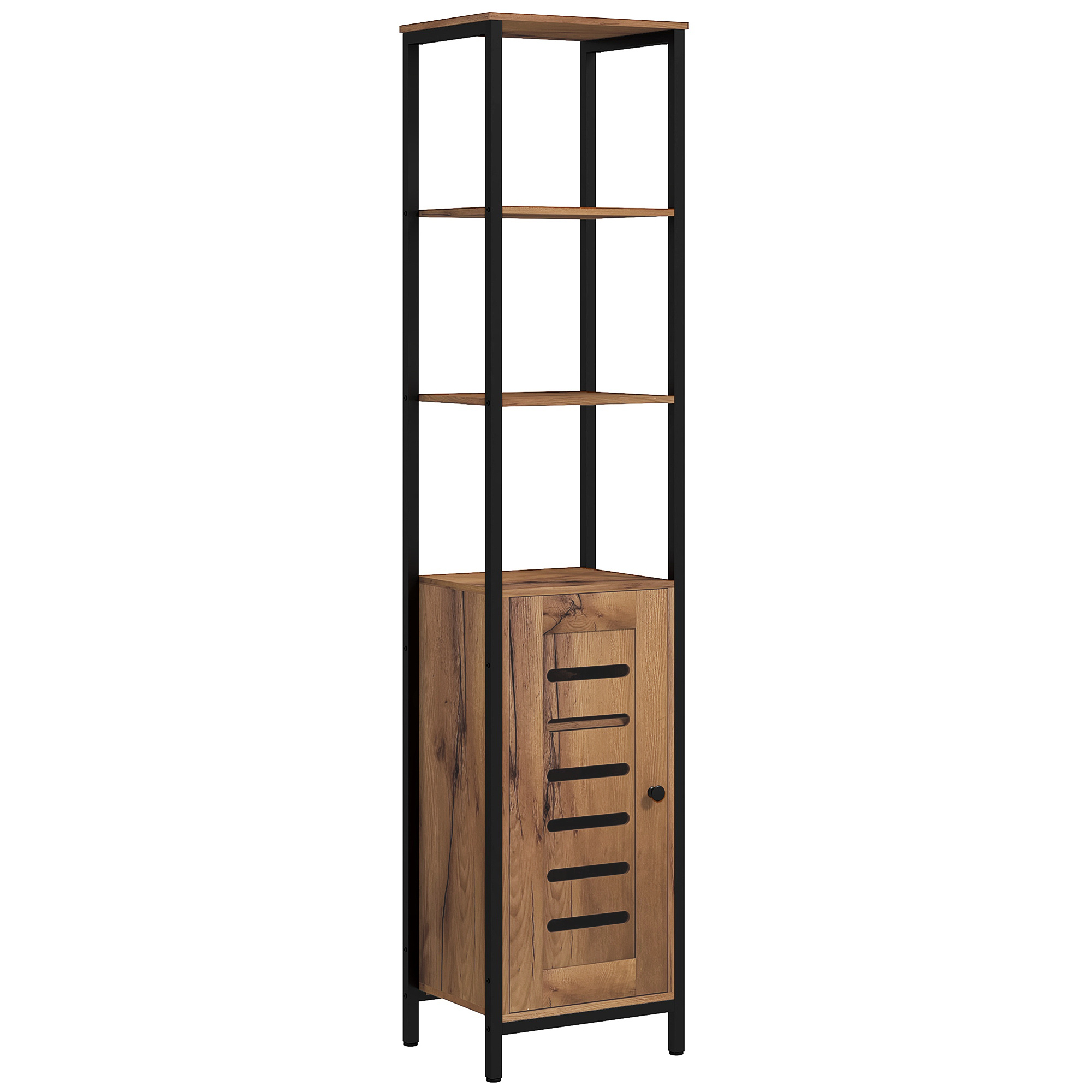 Homcom Kleankin Bathroom Column Cabinet, Tall Toilet Cabinet, , With 3 Open Shelves, Slatted Door, And Adjustable Shelves, Rustic Brown