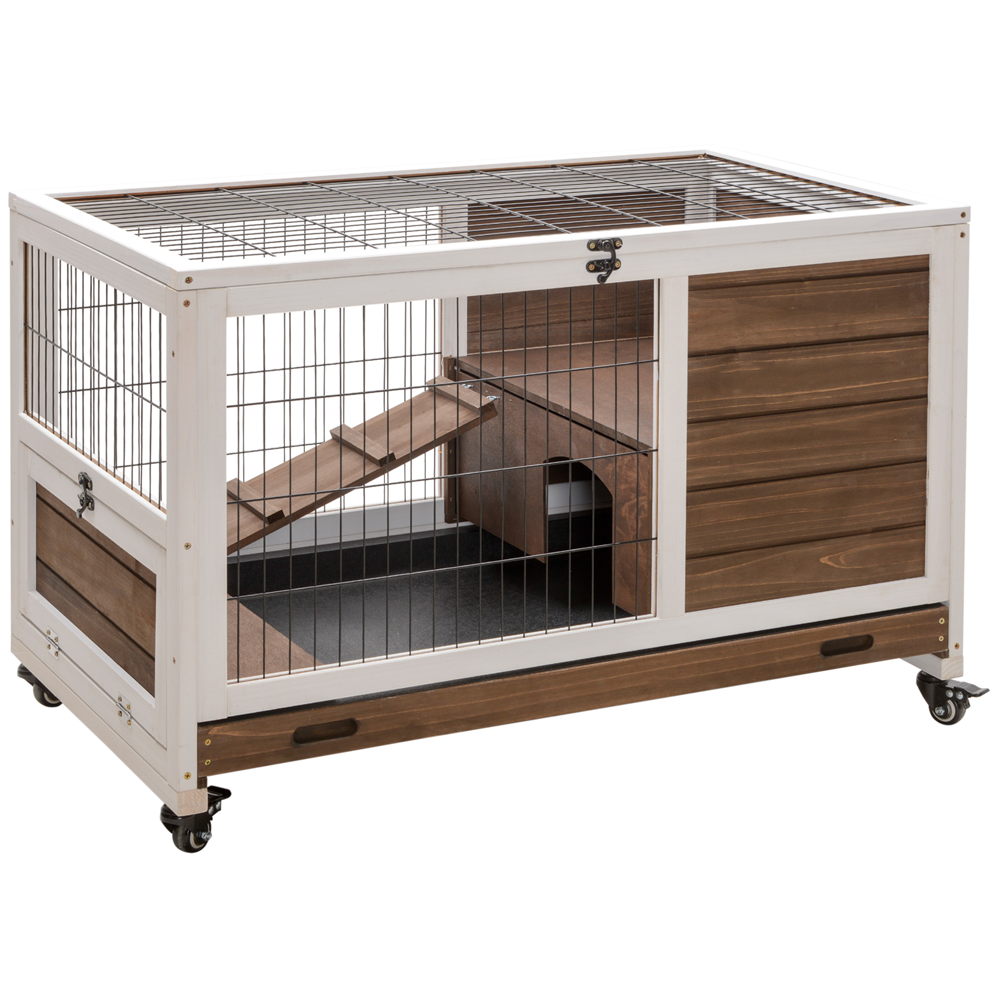 Image of Wooden Rabbit Cage For Small Pets Portable Indoor With Openable Roof Removable Ramp Tray For Small Animals 90x53x59 Cm Brown