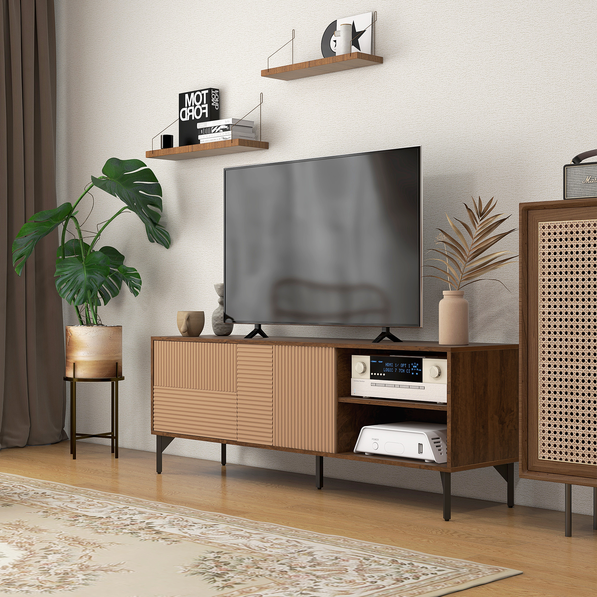 Image of Homcom Mobile Tv Stand Up To 65" With 2 Cabinets And Open Compartments, Low Cabinet With Cable Pass-through Holes In Wood, 150x40x56cm, Brown