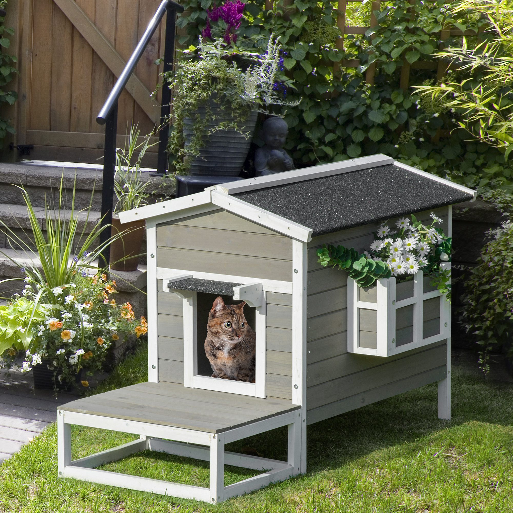 Image of Pawhut Wooden Cat House, Cat House Outdoor Cat Cave Small Animal House With Patio And Balcony For Fir Wood Gray + White 115 .5 X 74.7 Cm