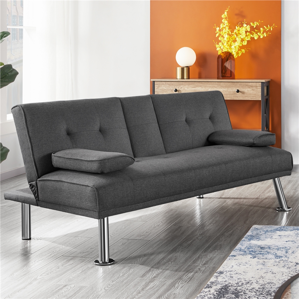 TEMU Costoffs Sofa Bed, Futon Sofa Bed, Fabric Upholstered Convertible Futon Sofa With Drop-down Platform, 2 Throw Pillows & 2 Cup Holders, Sofa Bed