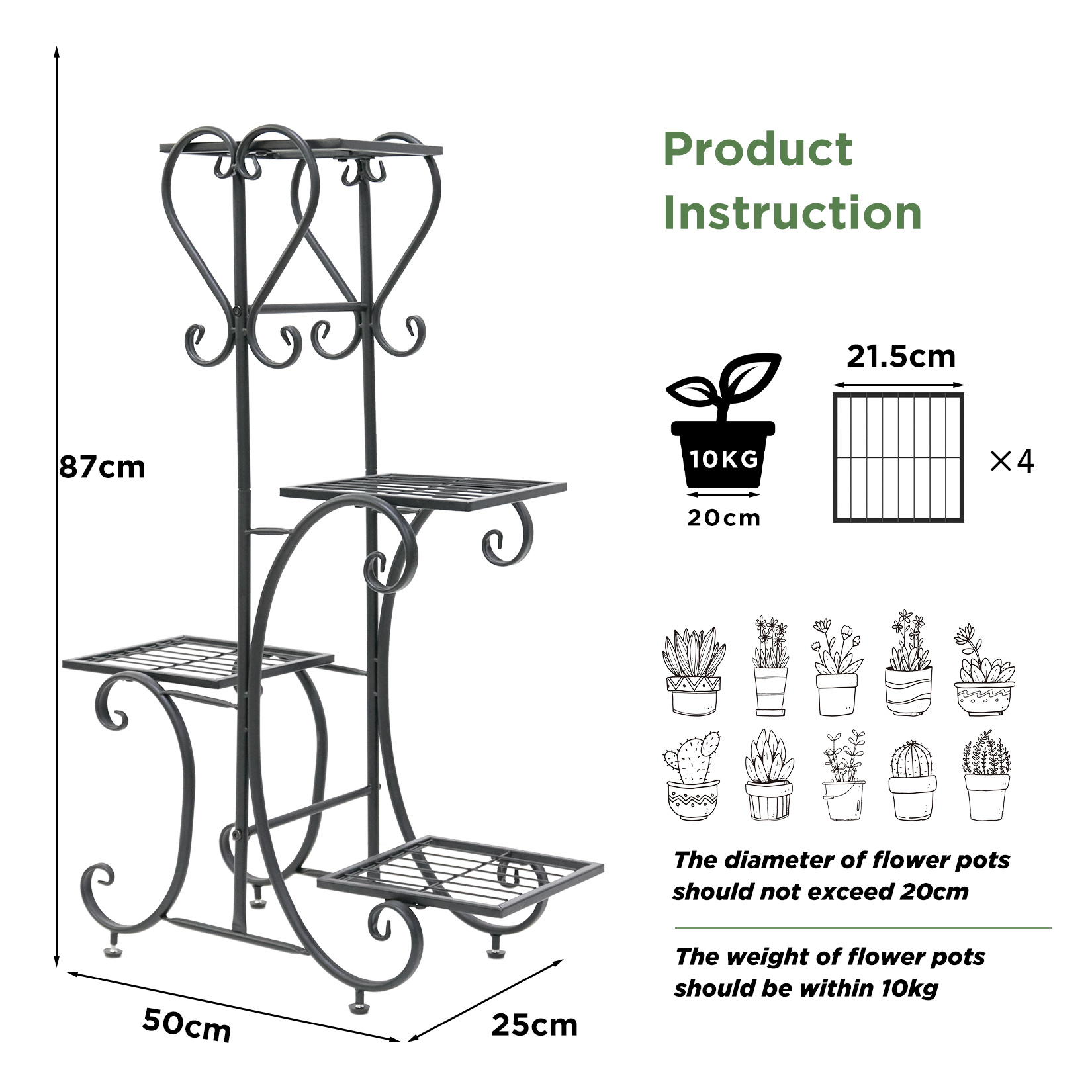 

Plant Stand Indoor Outdoor Patio Tiered Metal Wood Tall Flower Holder Planter Rack Corner, Easy , Heavy Duty And Modern, Cactus Design For Room (4 Pots)