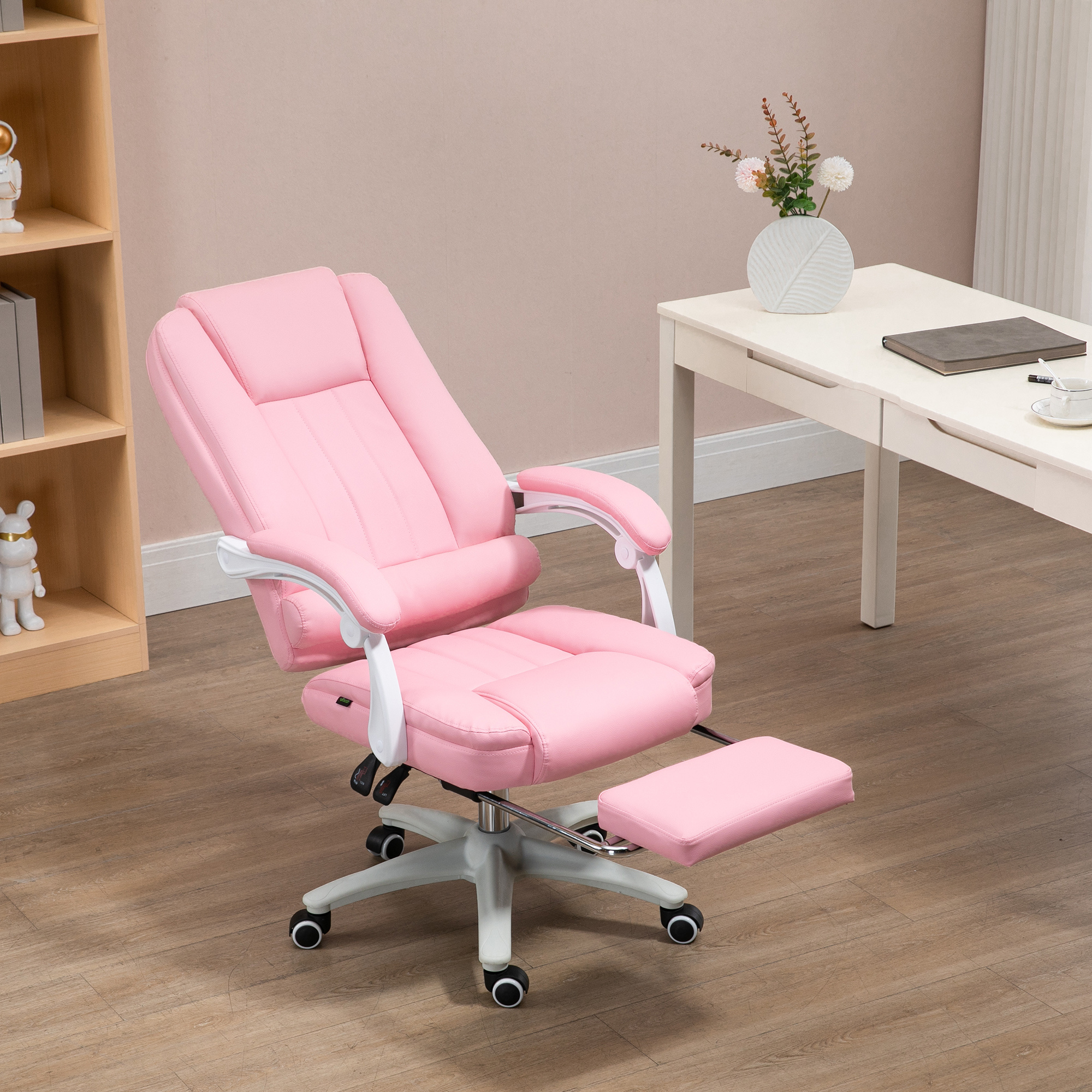 Image of Executive Office Chair With Footrest, Height-adjustable Desk Chair With Reclining Function, Computer Chair With Casters, Swivel Chair For Office, Study, Faux Leather, Pink
