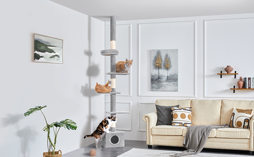 Yaheetech 226-266cm Cat Tree Floor-to-Ceiling Cat Tree Tower, Tall Cat Tree with 4 Perches and Scratching Posts For Small Medium-Sized Cats