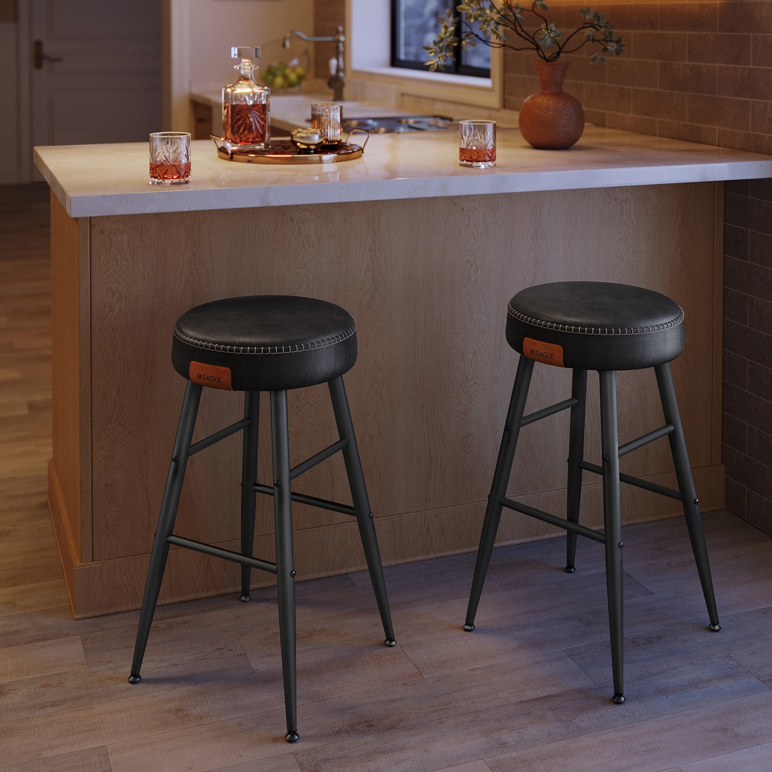TEMU Vasagle Ekho Collection - Kitchen Stools, Set Of 2 Stools, Kitchen Chairs, Cover, Height 63 Cm, Dining Room, Easy To