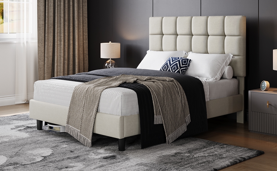 Costoffs Upholstered Bed Frame, Modern Platform Bed Frame with Strong Wooden Slats Support and Square Tufted Headboard Height Adjustable