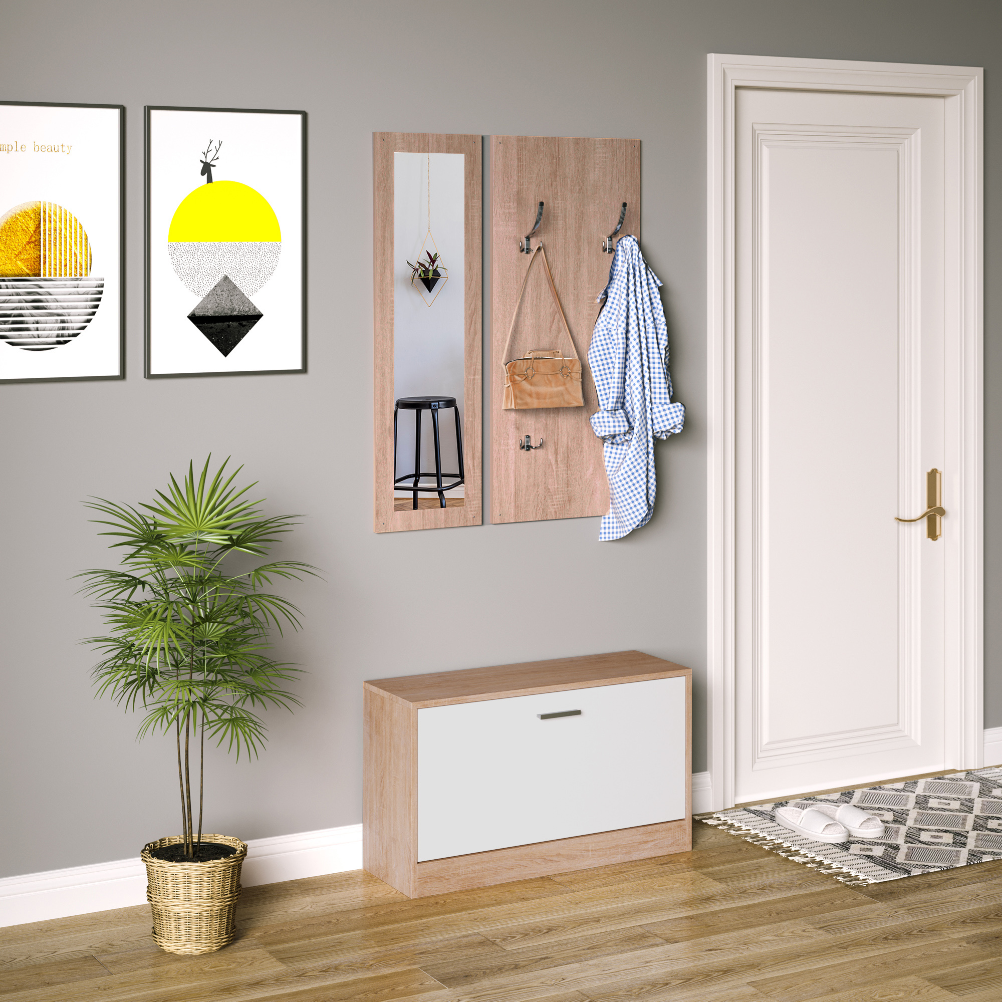 Image of Homcom 3-piece Set Shoe Rack Coat Rack Mirror For Entryway Or Bedroom, Wooden Entryway Closet, 80x27x46.5cm