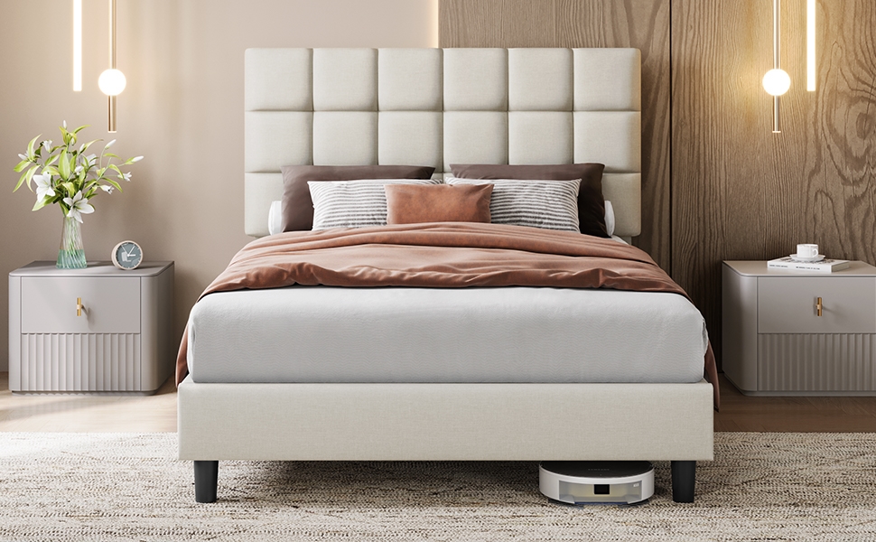Costoffs Upholstered Bed Frame, Modern Platform Bed Frame with Strong Wooden Slats Support and Square Tufted Headboard Height Adjustable