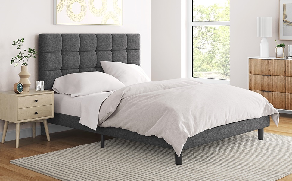 Costoffs Upholstered Bed Frame, Modern Platform Bed Frame with Strong Wooden Slats Support and Square Tufted Headboard Height Adjustable