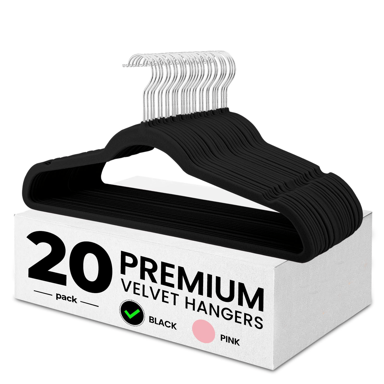 Image of 20 Pcs Coat Hangers Velvet - Hangers Space Saving, Suit Hanger, Thin Hangers Non-slip Trouser Hanger 360 Swivel Hook Wide Hanger Heavy Velvet Hanger For Dresses - Black