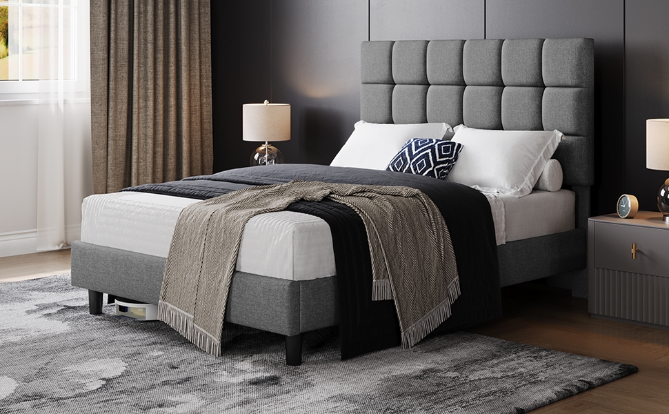 Costoffs Upholstered Bed Frame, Modern Platform Bed Frame with Strong Wooden Slats Support and Square Tufted Headboard Height Adjustable