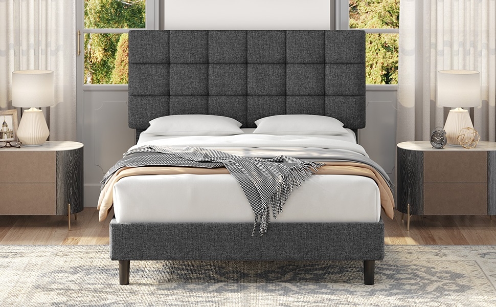 Costoffs Upholstered Bed Frame, Modern Platform Bed Frame with Strong Wooden Slats Support and Square Tufted Headboard Height Adjustable