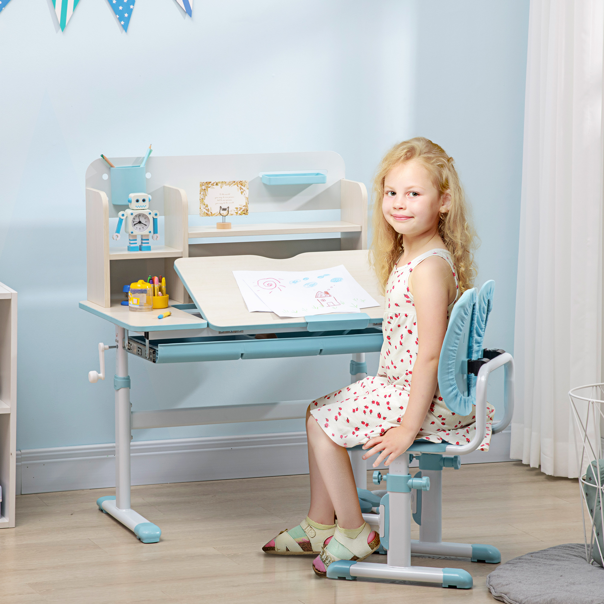 Homcom School Bench With Chair For Children 3-12 Years Old, Adjustable Height, Tiltable Surface And Padded Cushions, Steel And Mdf