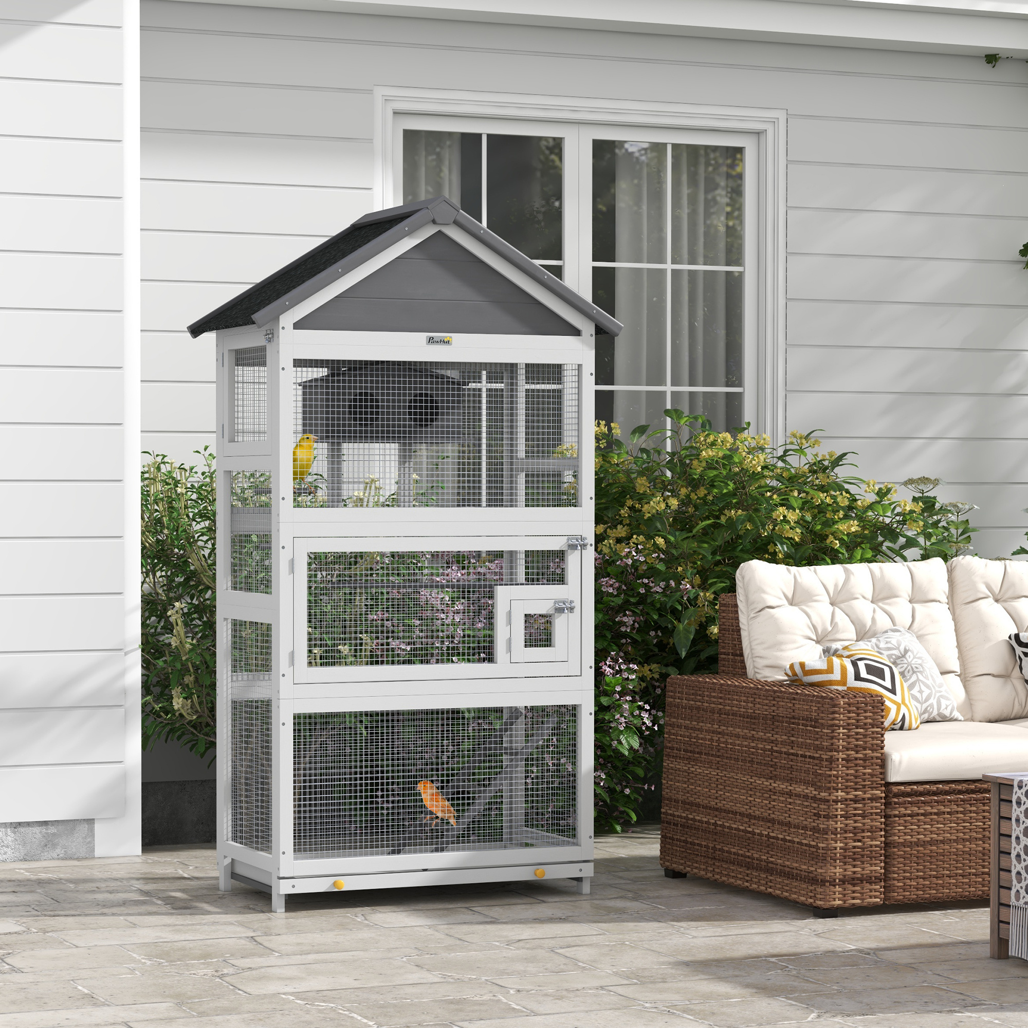 Image of Pawhut 3-door Bird Cage , Ladder And Removable Tray, Wooden And Metal Bird Cage In , 92x52x171 Cm, Grey And Black