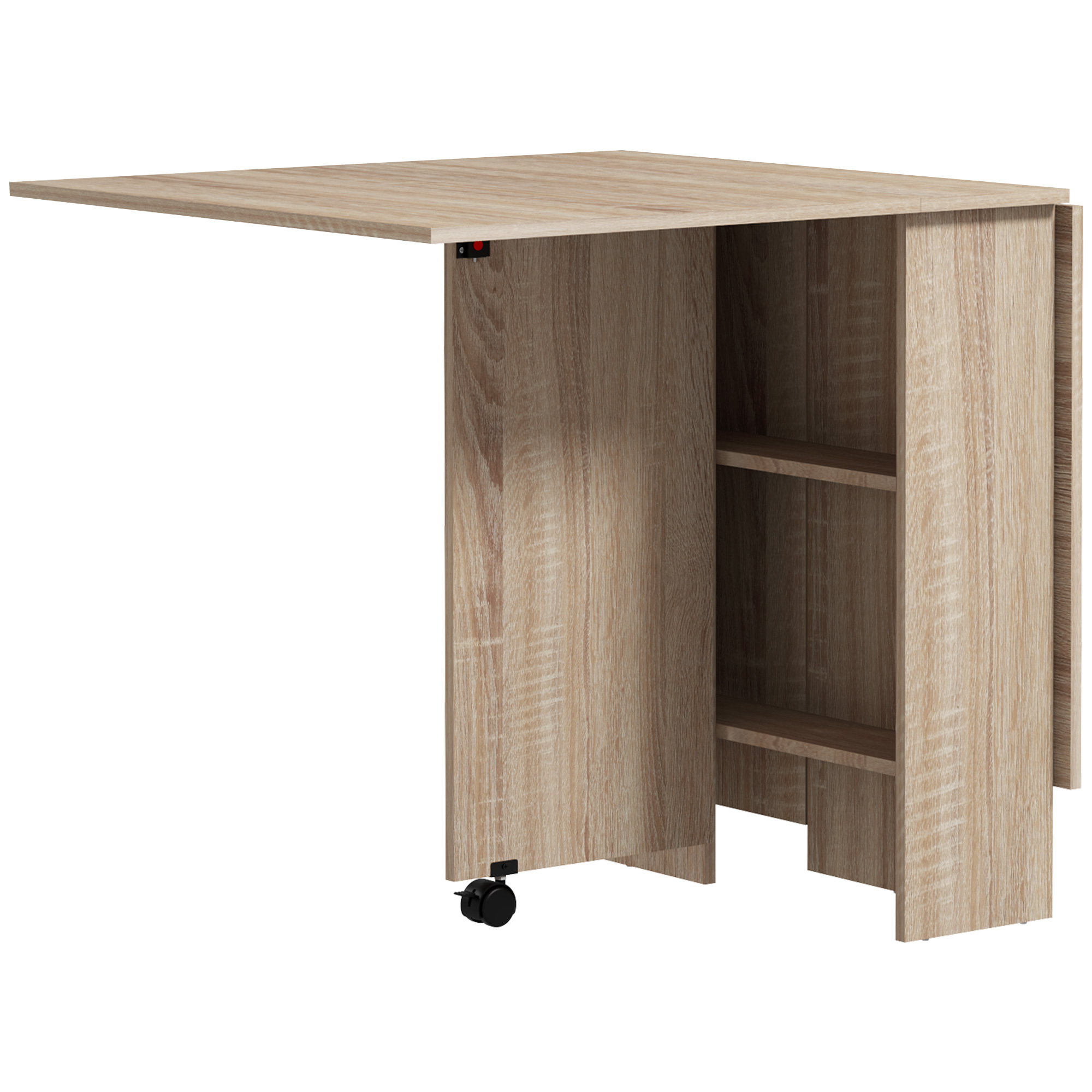 E-shop HOMCOM Klappbarer mobiler Esstisch auf Rollen mit 2 Klappladen und 2 eingebauten Regalen - 140 x 80 x 74 cm, Natur