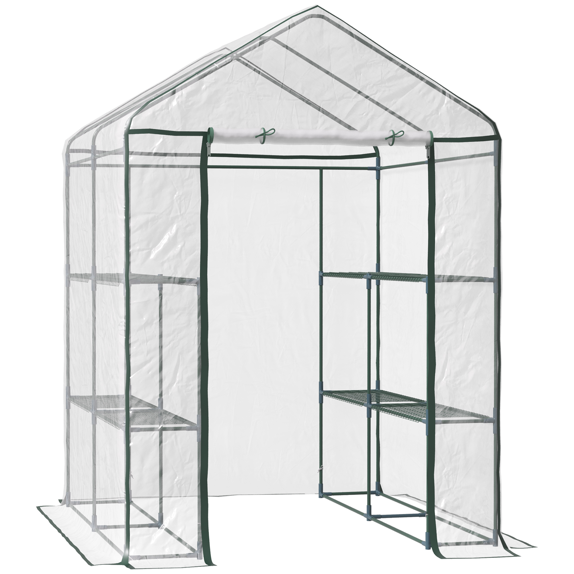 TEMU Outsunny Serre de jardin avec étagère 4 niveaux 143L x 143l x 195H cm plastique haute anti-UV avec porte déroulante transparent vert