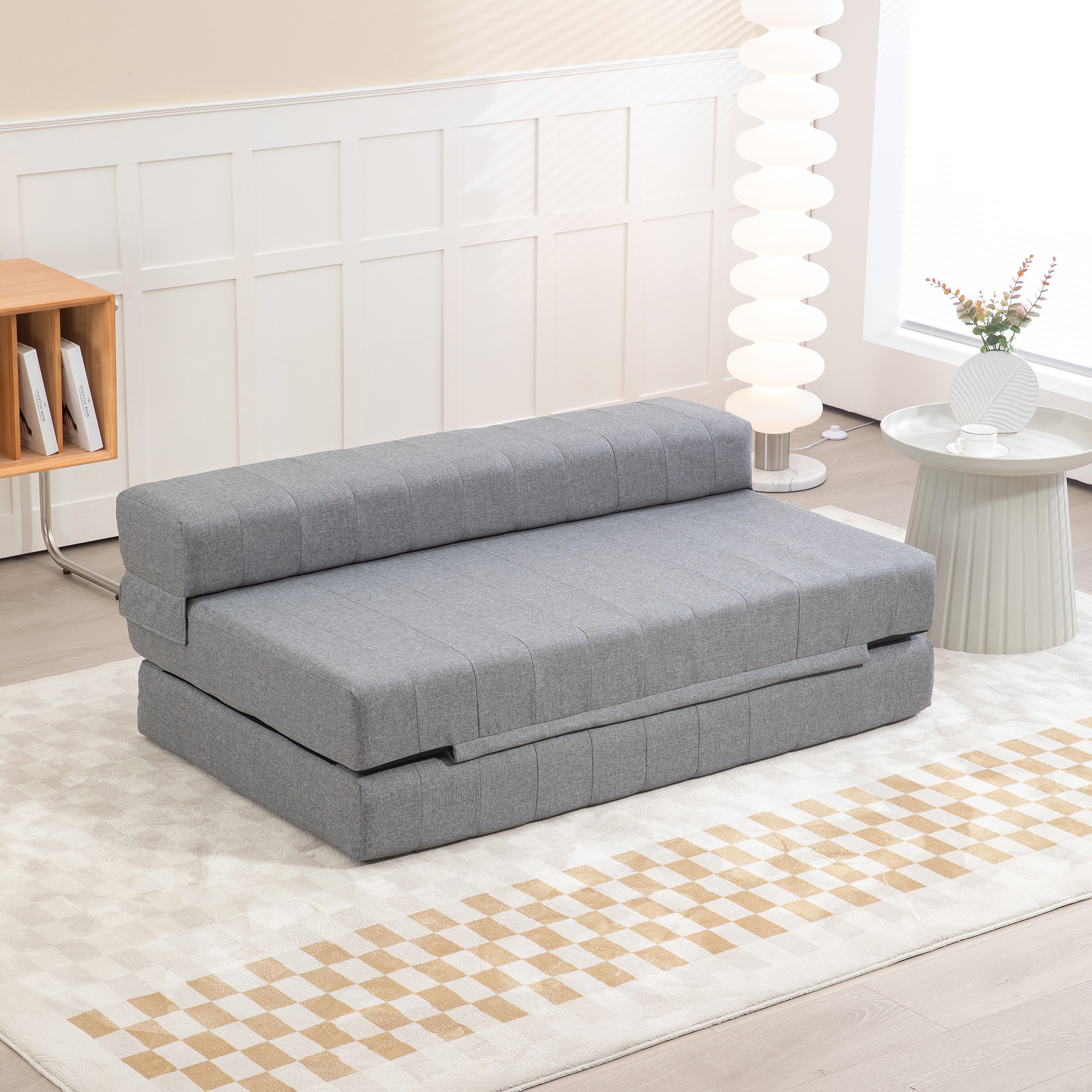 Image of 2-in-1 Foldable Floor Sofa Sleeper With Linen Look, For 2 People, Upholstered Sofa Bed, Supports Up To 250 Kg, For Living Room, Bedroom, Grey
