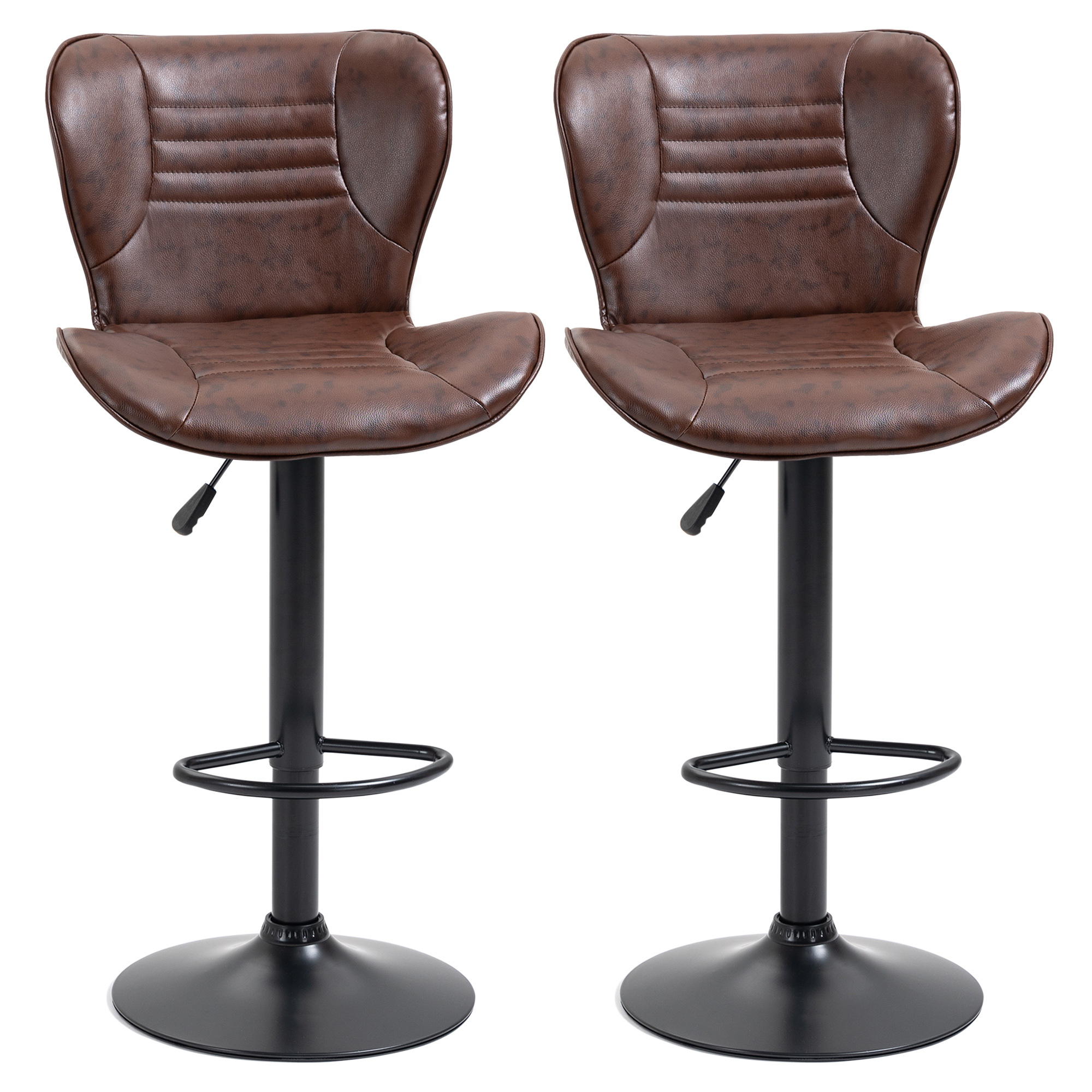 Image of Homcom Set Of 2 Bar Stools Upholstered In Leather High Dining Stools Height Adjustable Swivel With Backrest And Footrest 46.5x54x88-108 Cm Marron