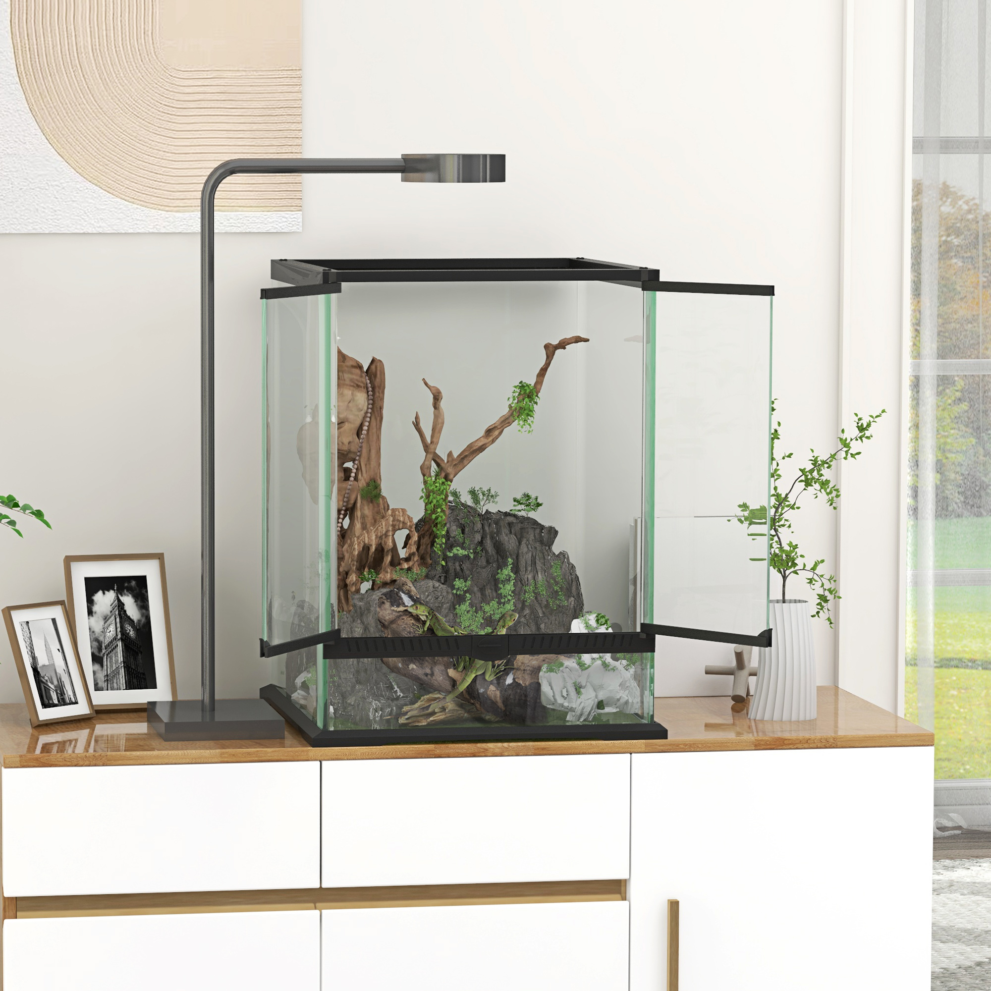 Terrarium For Reptiles Reptile Feeding Box With Anti-escape Design, Ventilation 120l Glass Terrarium With Cable Management For Amphibians Metal Black 45 X 45 X 60 Cm