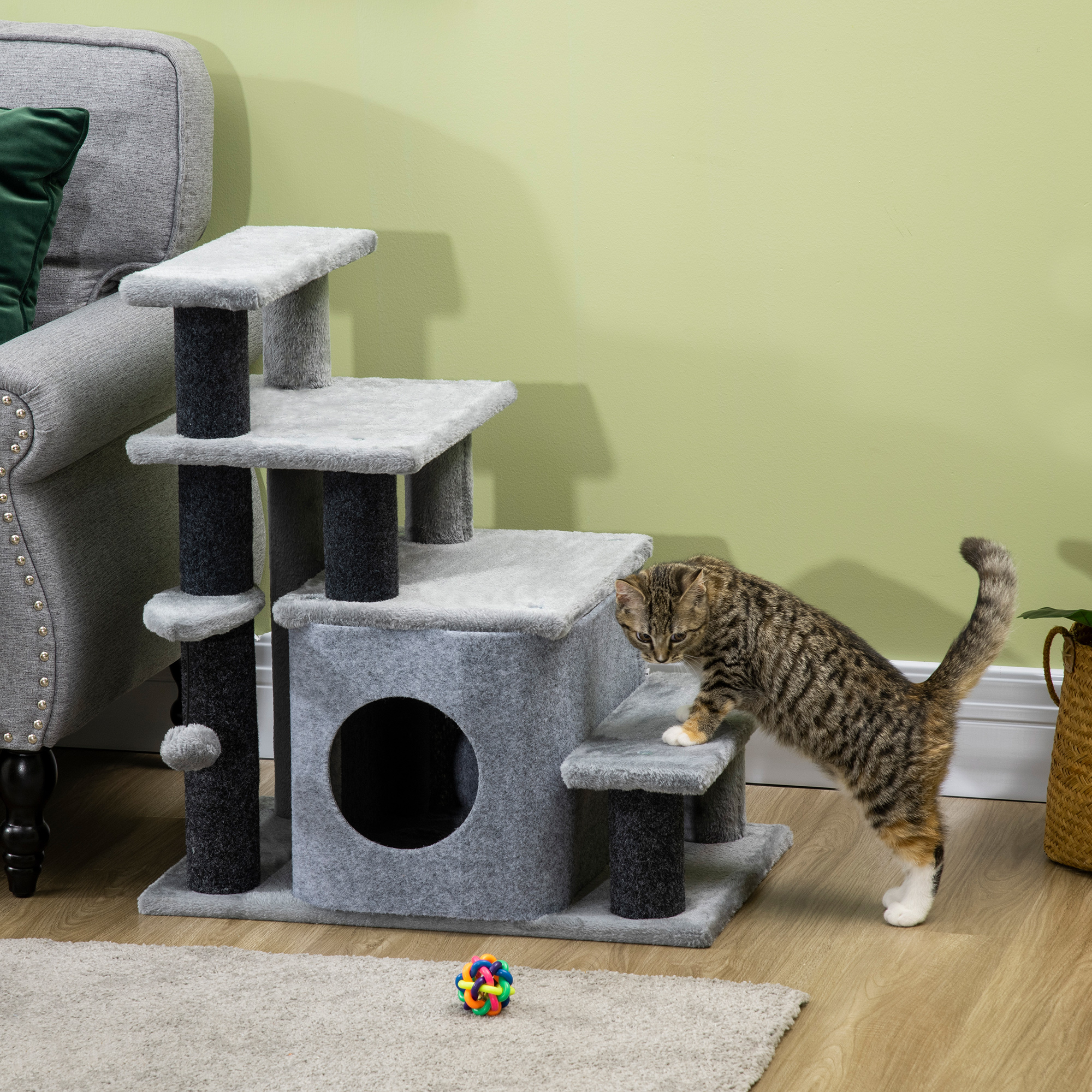 Image of 3/4 Step Dog Stairs, 66 Cm Staircase With Sleeping Cave, Ramp, Play Ball, Cat Stairs For Medium-sized Cats, Dog Ramp Entry Aid For Bed, Sofa, Couch, Gray