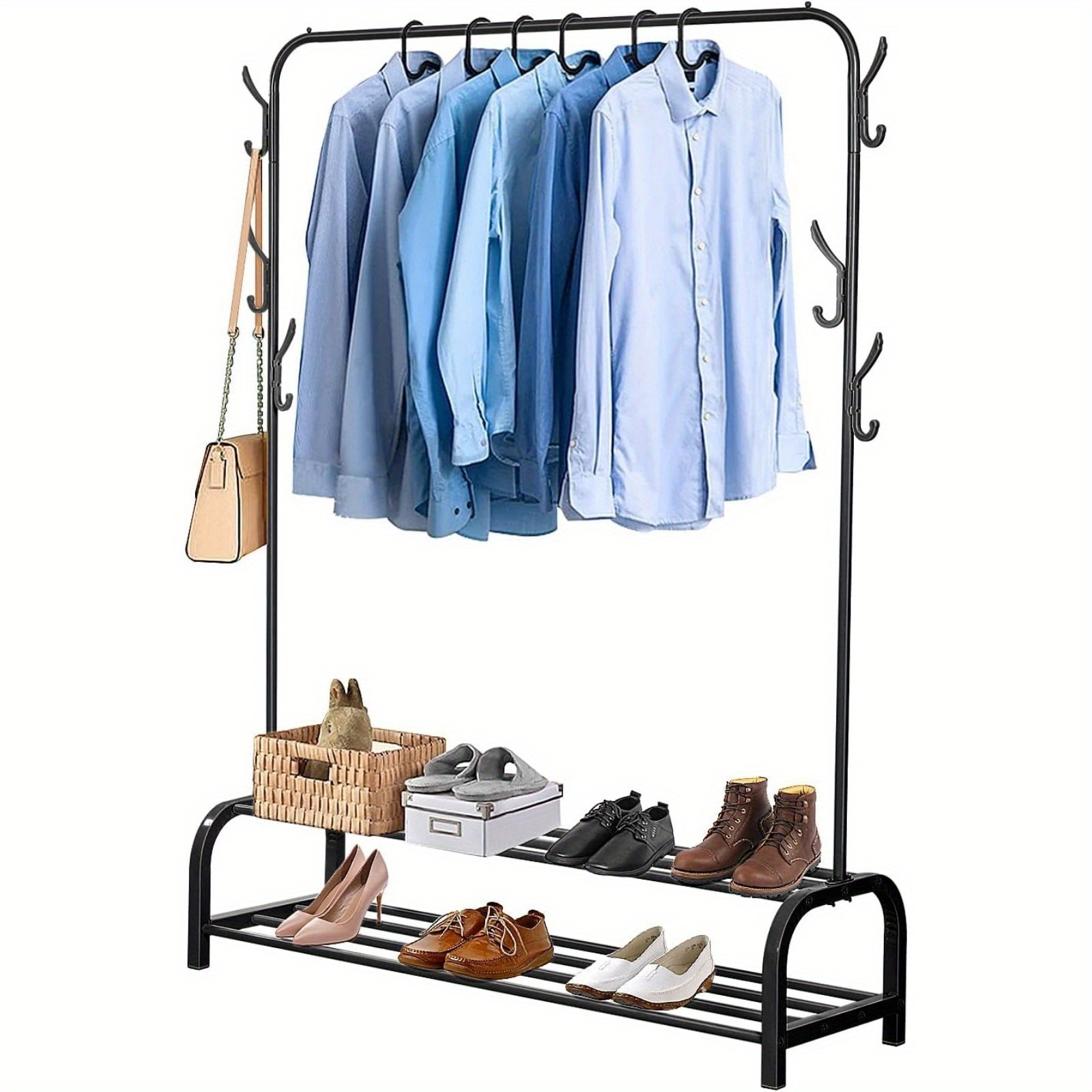 Image of Clothes Rack Stable Metal Clothes Rail Freestanding Clothes Hanger With Shelf Bedroom Single Pole Clothes Storage With 2-tier Storage Shelf And 6 Hooks Hanger