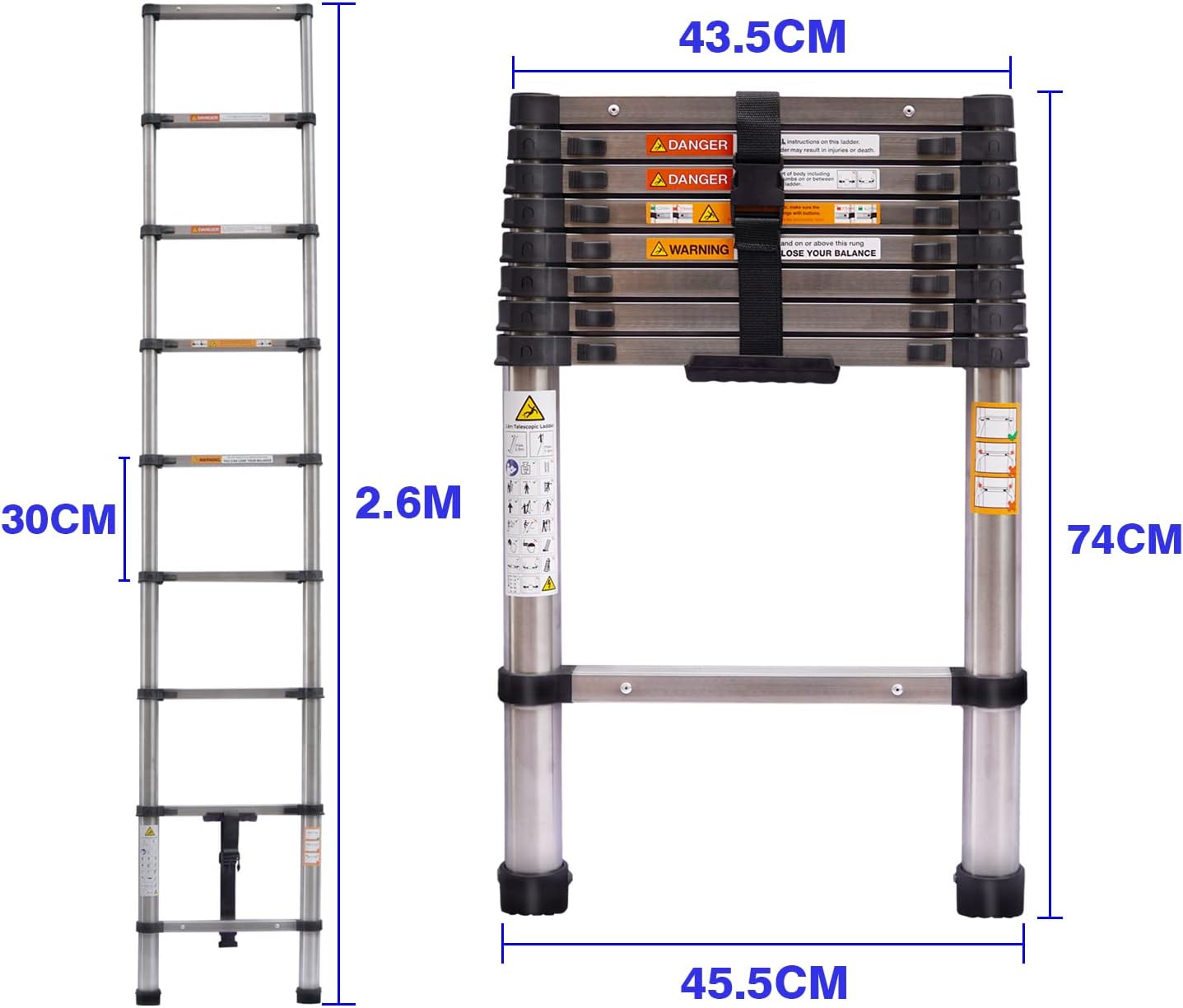 Échelle télescopique en Aluminium de 2.6 m Escabeau Telescopique Pliable Antidérapante Échelle Extensible Multifonction