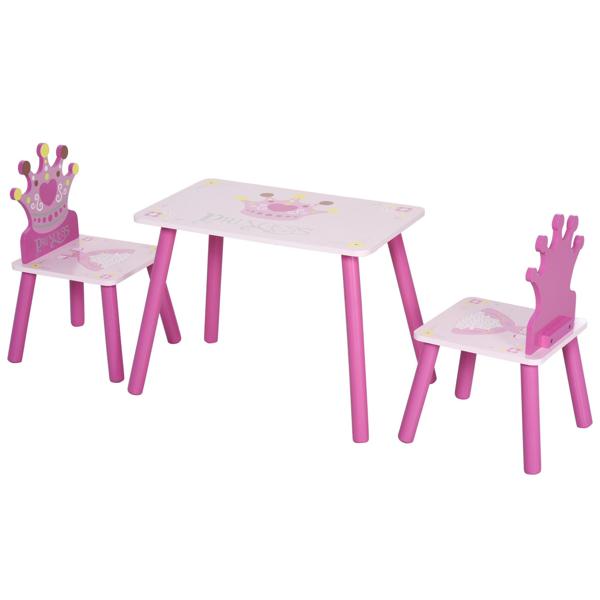 Homcom Children's Table And Chairs Set With Princess Design, Crown Motif, Pine Wood, Mdf, Pink