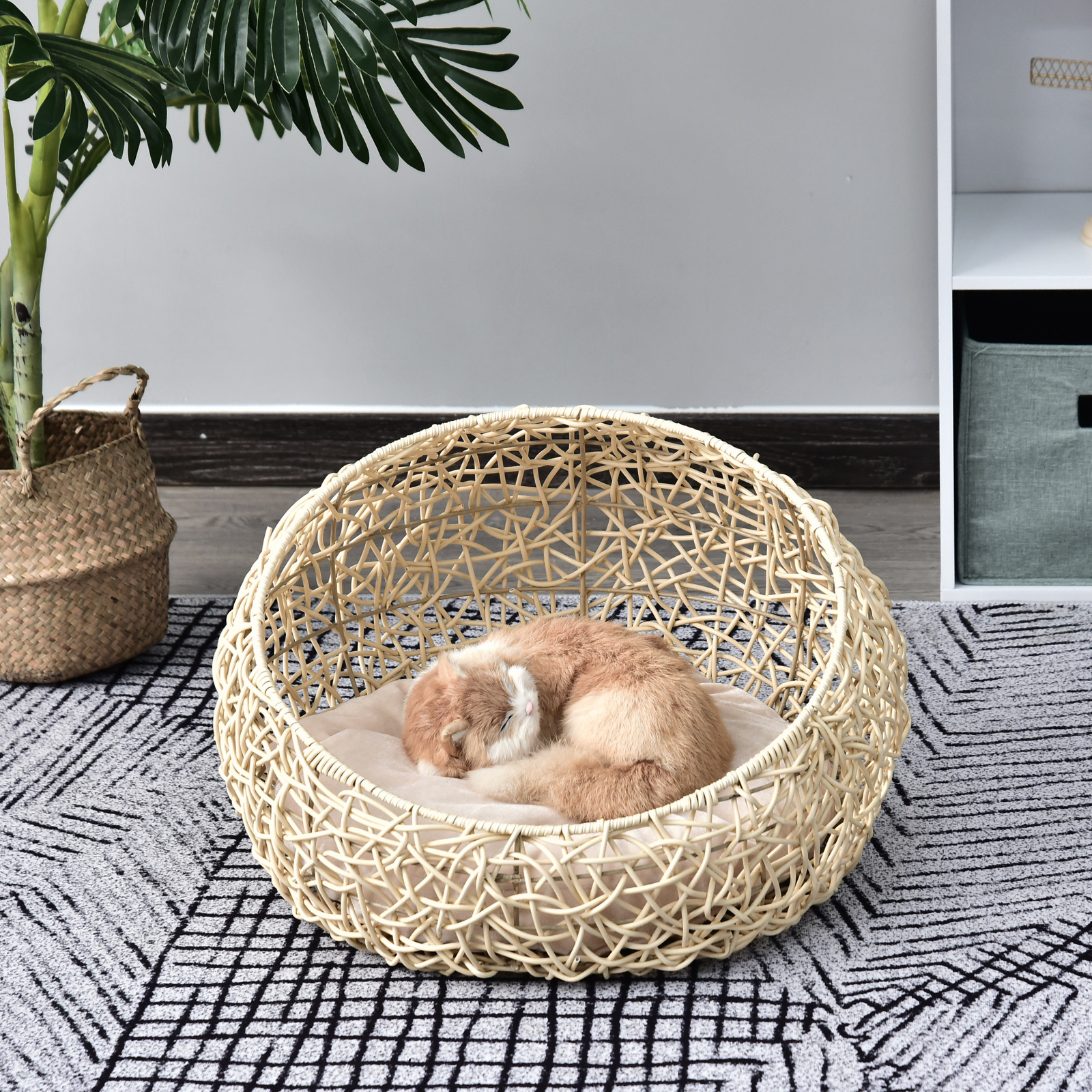 Image of Rattan Cat Cave Cat Bed Cat House With Cushion Cat Tent Pet House For Beige Ø56 X 35 Cm