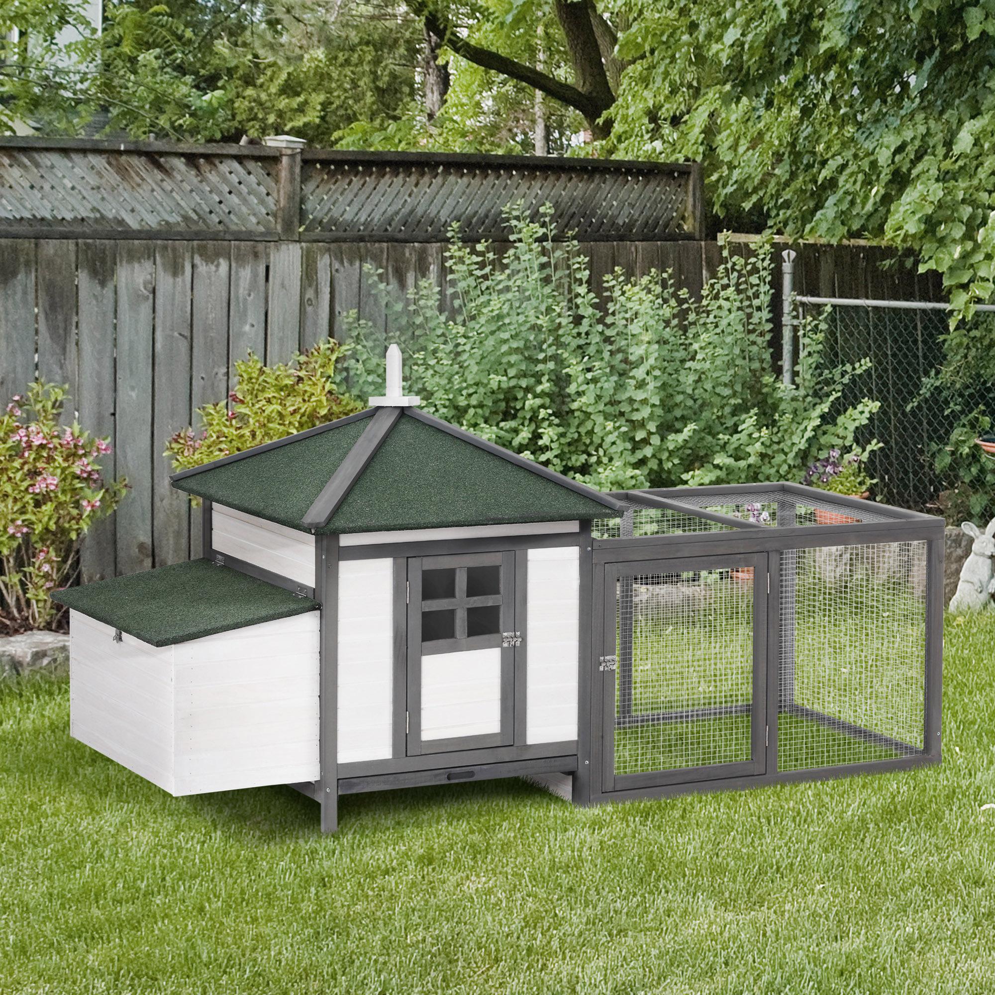 Image of Miniature Chicken Coop Miniature Chicken House With Run, Coop With Perches, Nest Box, Quail Coop, Outdoor Winterproof, Pine Wood, Gray+white, 196 X 76 X 97 Cm