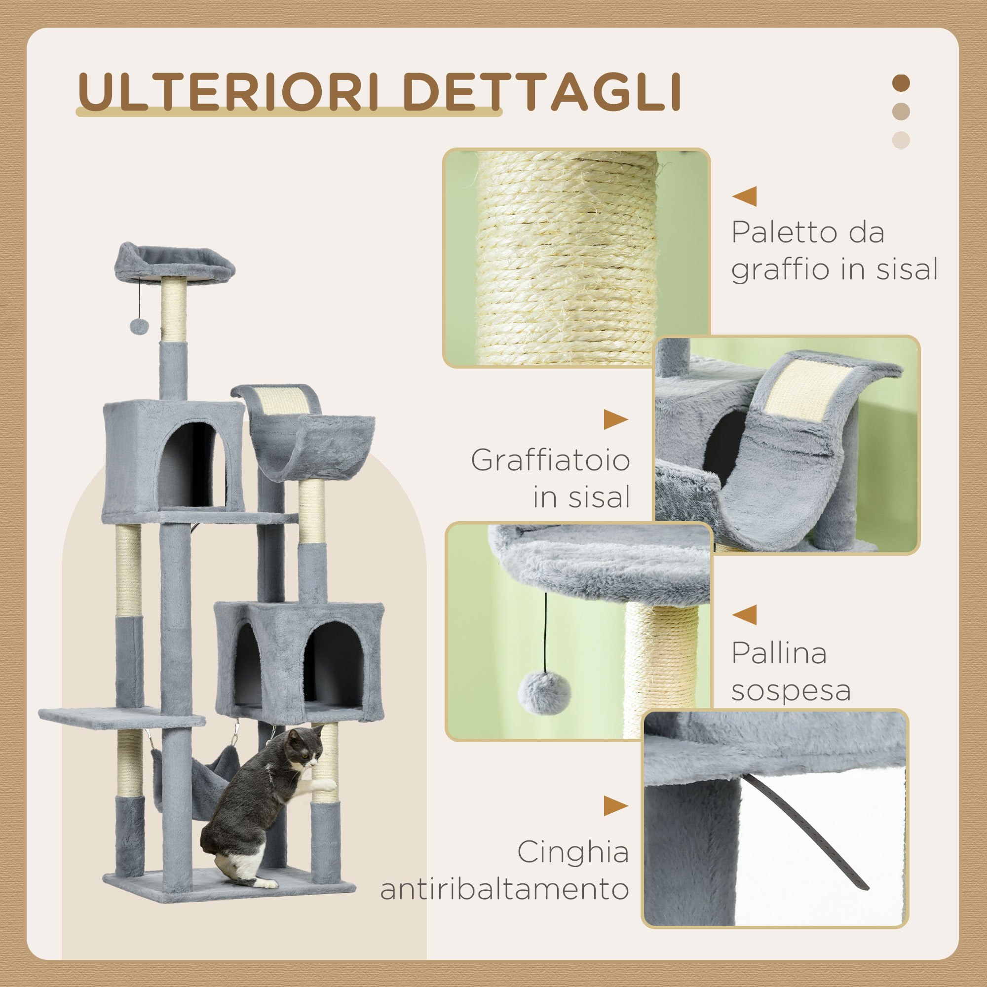 PawHut Arbore pentru Pisici cu Minge de Joacă, Hamac, Pat, 2 Case și Platforme, Turn pentru Pisici din PAL, Pluș și Sisal, 55x49x177 cm, Gri și Alb
