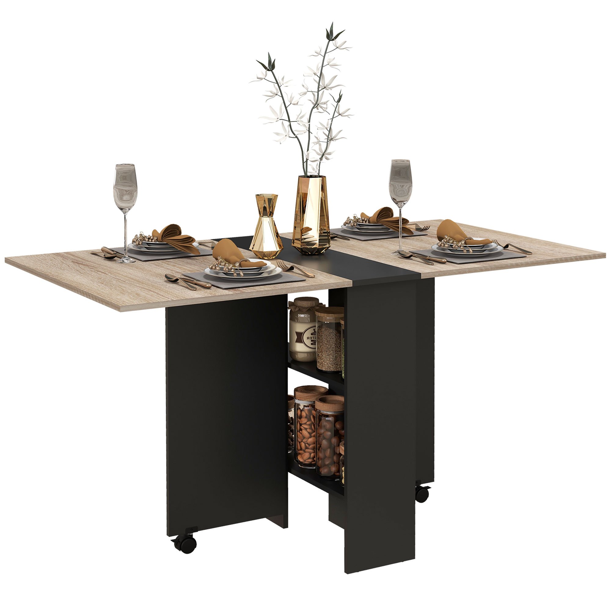 E-shop HOMCOM Klappbarer Küchen-Esstisch mit abnehmbarer Platte auf Rollen, 75 x 140 x 74 cm, 2 integrierte Regale, - und Schwarz-Finish