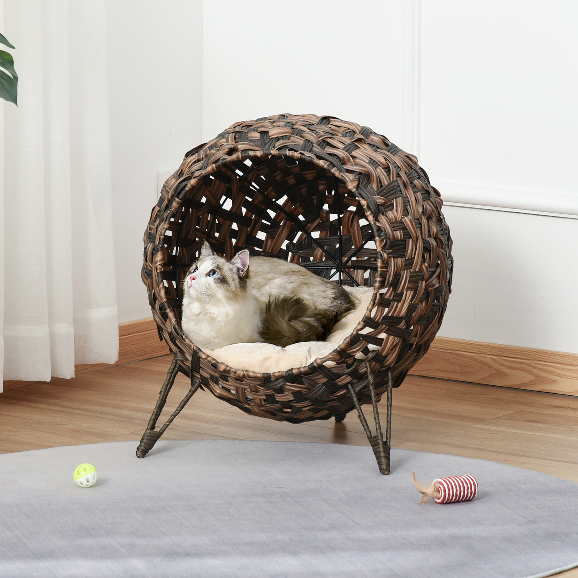 Rattan Cat House With Cushion, Cat Sleeping Spot, Cat Cave With Raised Feet, Brown, Ø52 X 58 Cm
