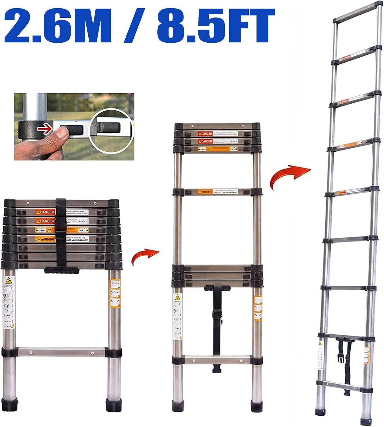 Échelle télescopique en Aluminium de 2.6 m Escabeau Telescopique Pliable Antidérapante Échelle Extensible Multifonction
