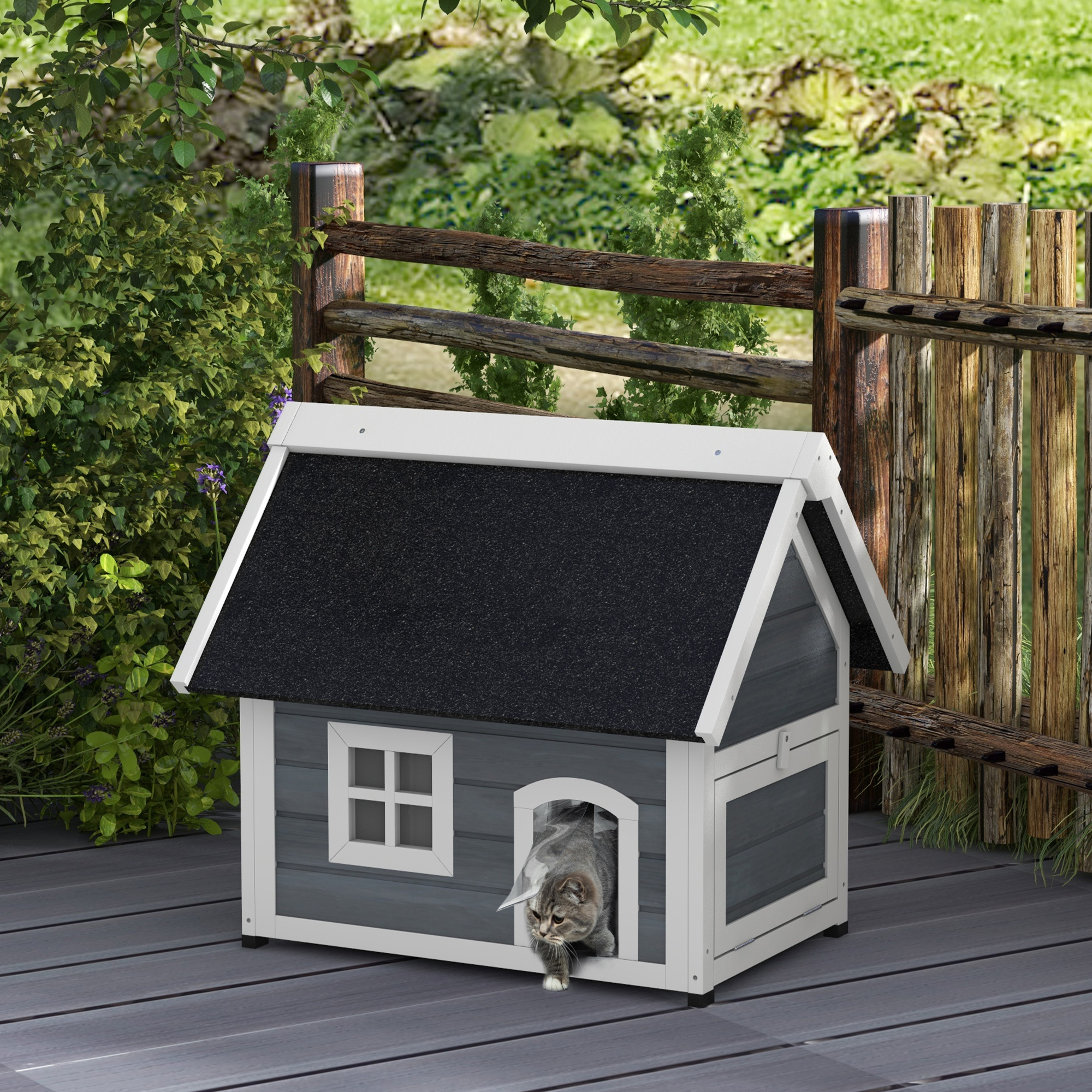 Image of Winter-proof Wooden Cat House, Weatherproof Outdoor Cat Cave With Flip-up Asphalt Roof, Window, 3 Doors, Shelter For Cats Up To 5 Kg, 77 X 57.5 X 68 Cm, Grey