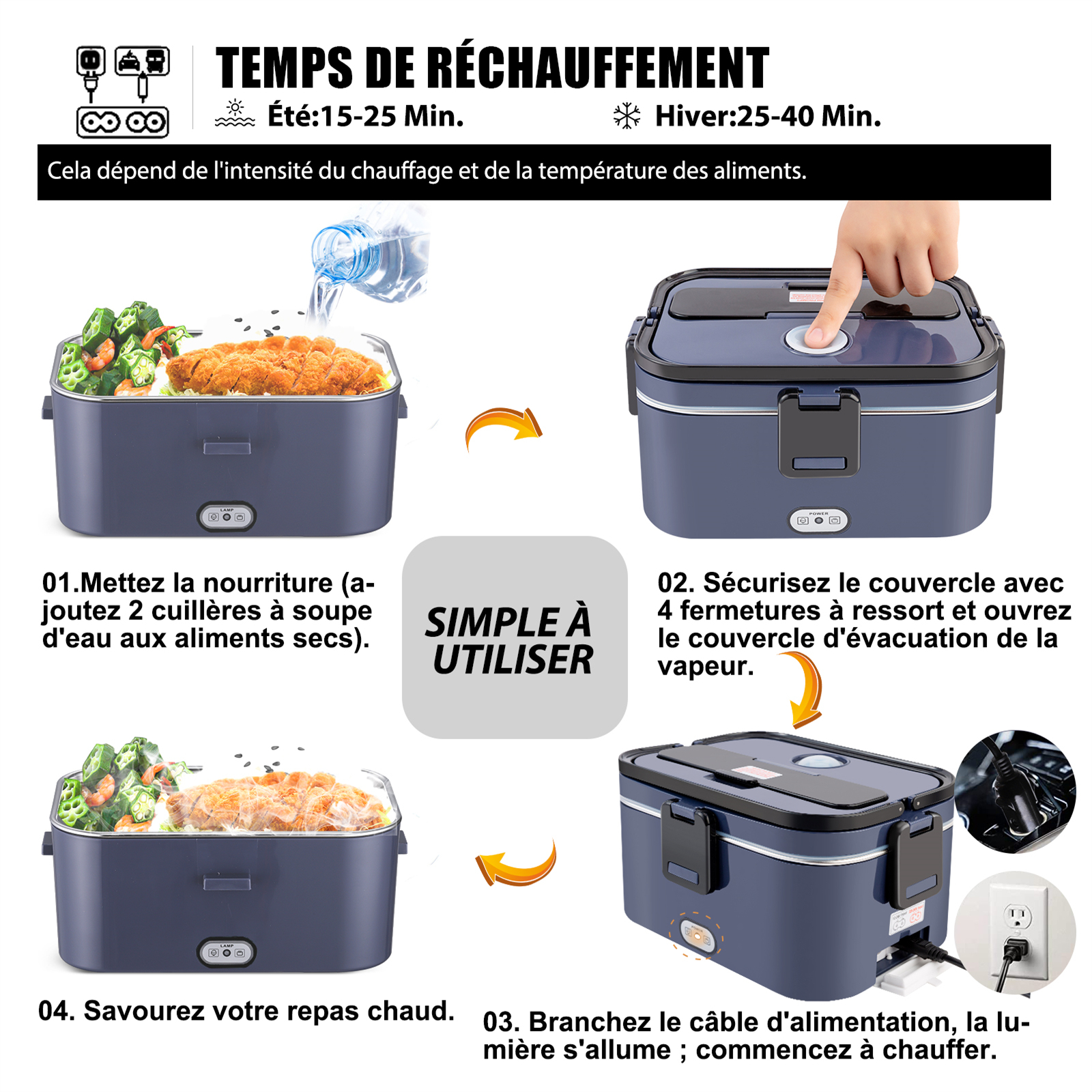 

Boîte de repas électrique bleue noire de 60W, boîte de repas chauffante de 1,8 L, 12V/24V/220V pour voiture, camion et bureau, récipient en acier inoxydable, chauffe-plat portable 3 en 1