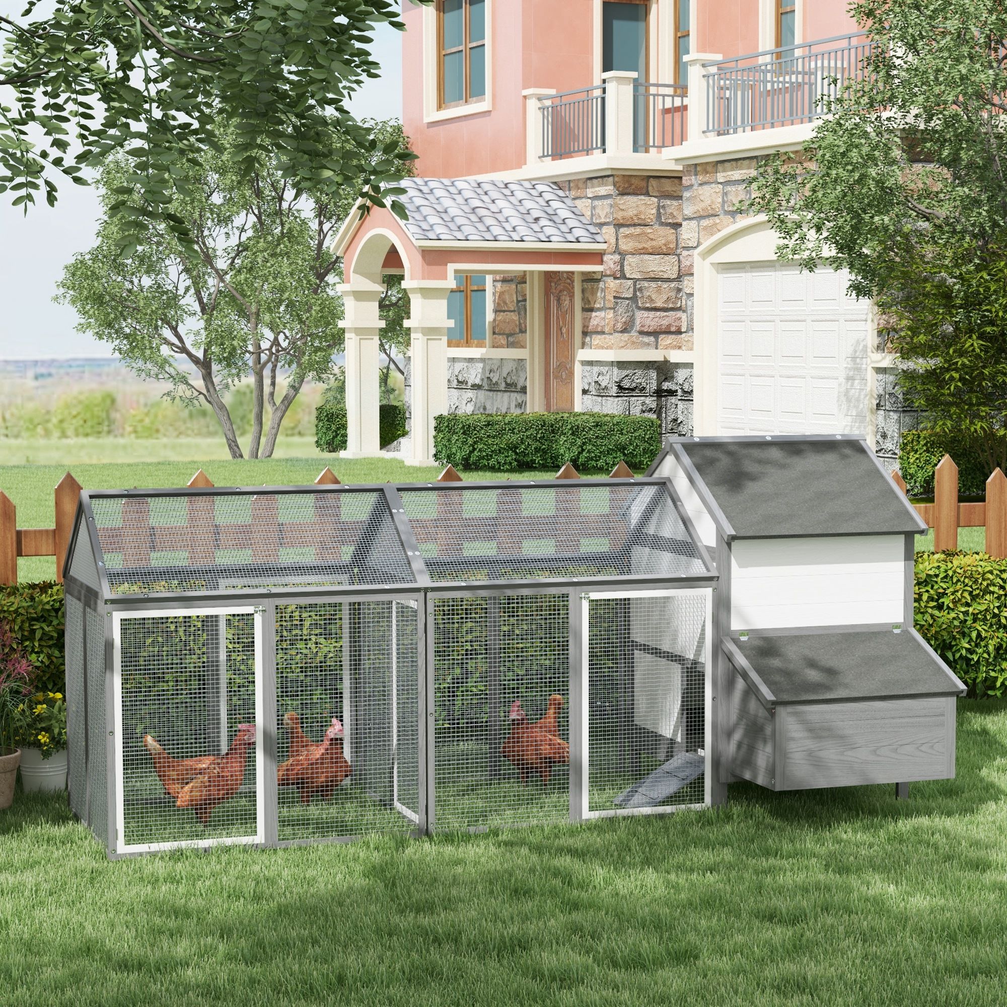 Wooden Chicken Coop, Chicken House, . 2..2 X 1.1 M, Free-range Enclosure With 2 Runs, Door, Nesting Box, Asphalt Roof, Perch, Ramp, Chicken Enclosure For 2-4 Chickens, For Garden, Gray