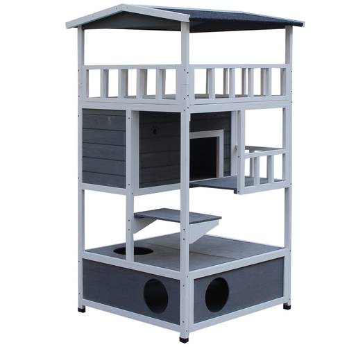casa para gatos de madera 75, 5x75x137 cm para gatos para gatos con techo asfaltico y plataformas para interior y exterior
